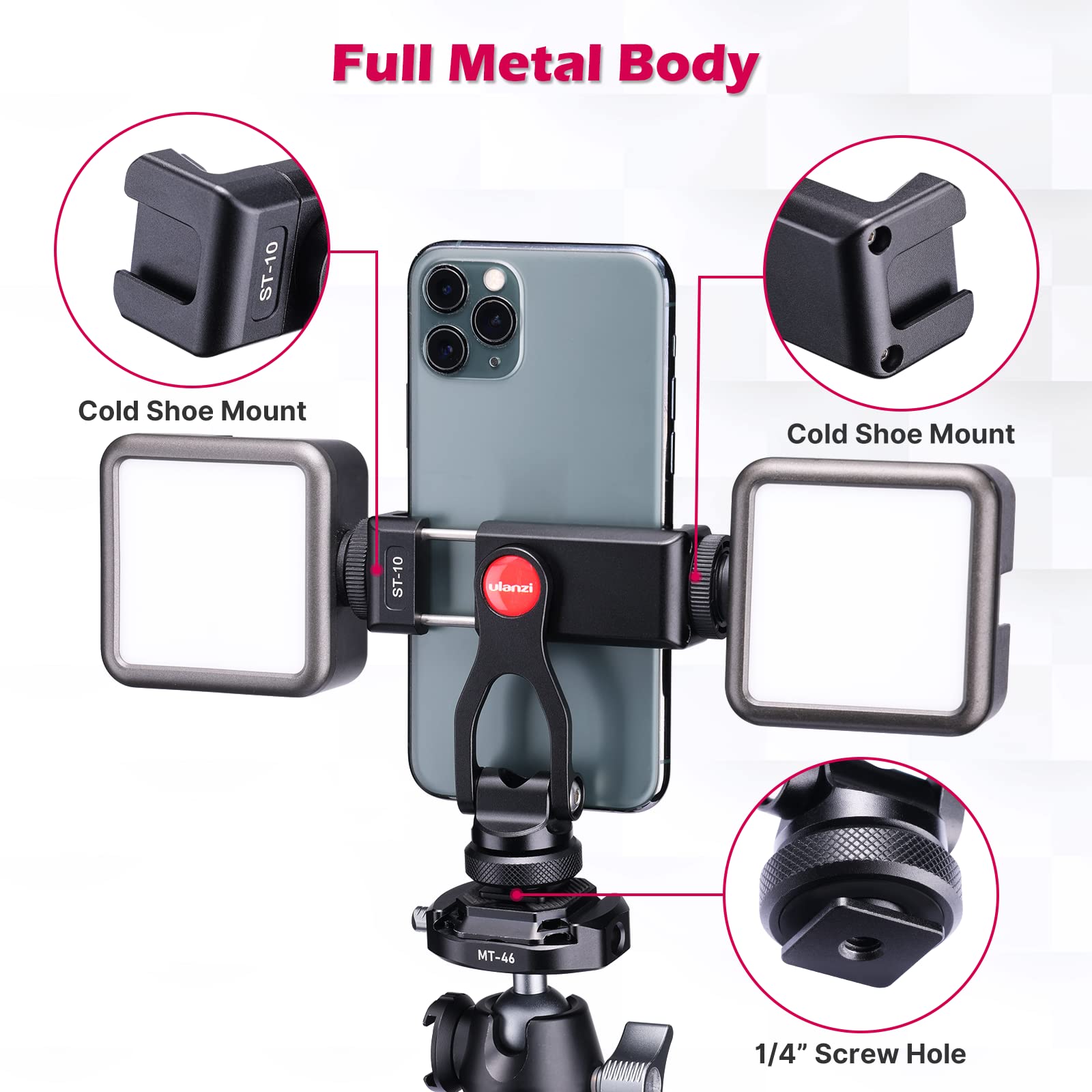 Ulanzi Metal Phone Tripod Mount St-10, Universal 360° Smartphone Adapter With 2 Cold Shoe Mount, Adjustable Cell Phone Clamp Stand Holder, Compatible With Iphone, Samsung Galaxy And All Phones