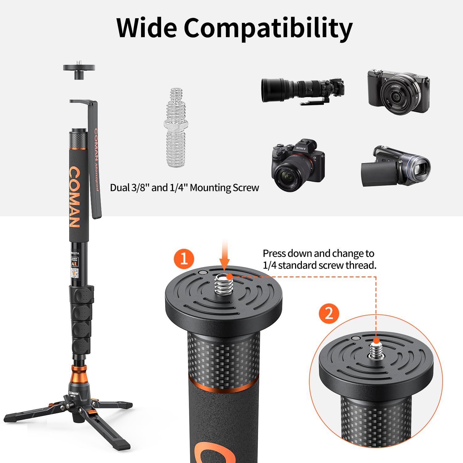 Famall Monopod With Feet, Coman Professional Video Camera Monopod Q6 With Tripod Stand 70.6 Inch Max Load 22 Lbs For Cameras, Canon, Nikon, Sony, Dslr, Video Camcorder