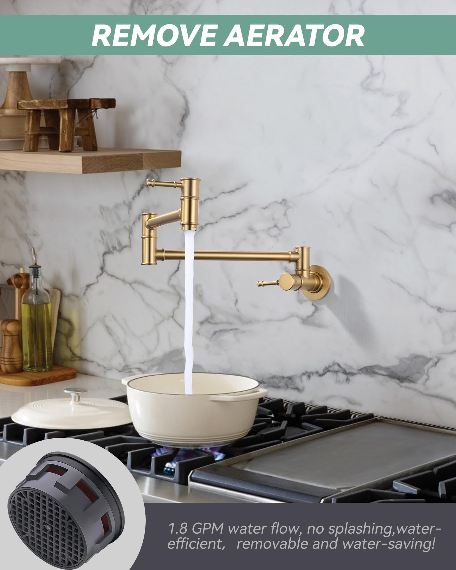Aleasha Brushed Gold Pot Filler Faucet, Folding Kitchen Faucet Single Hole 2 Handle Wall Mount Over Stove