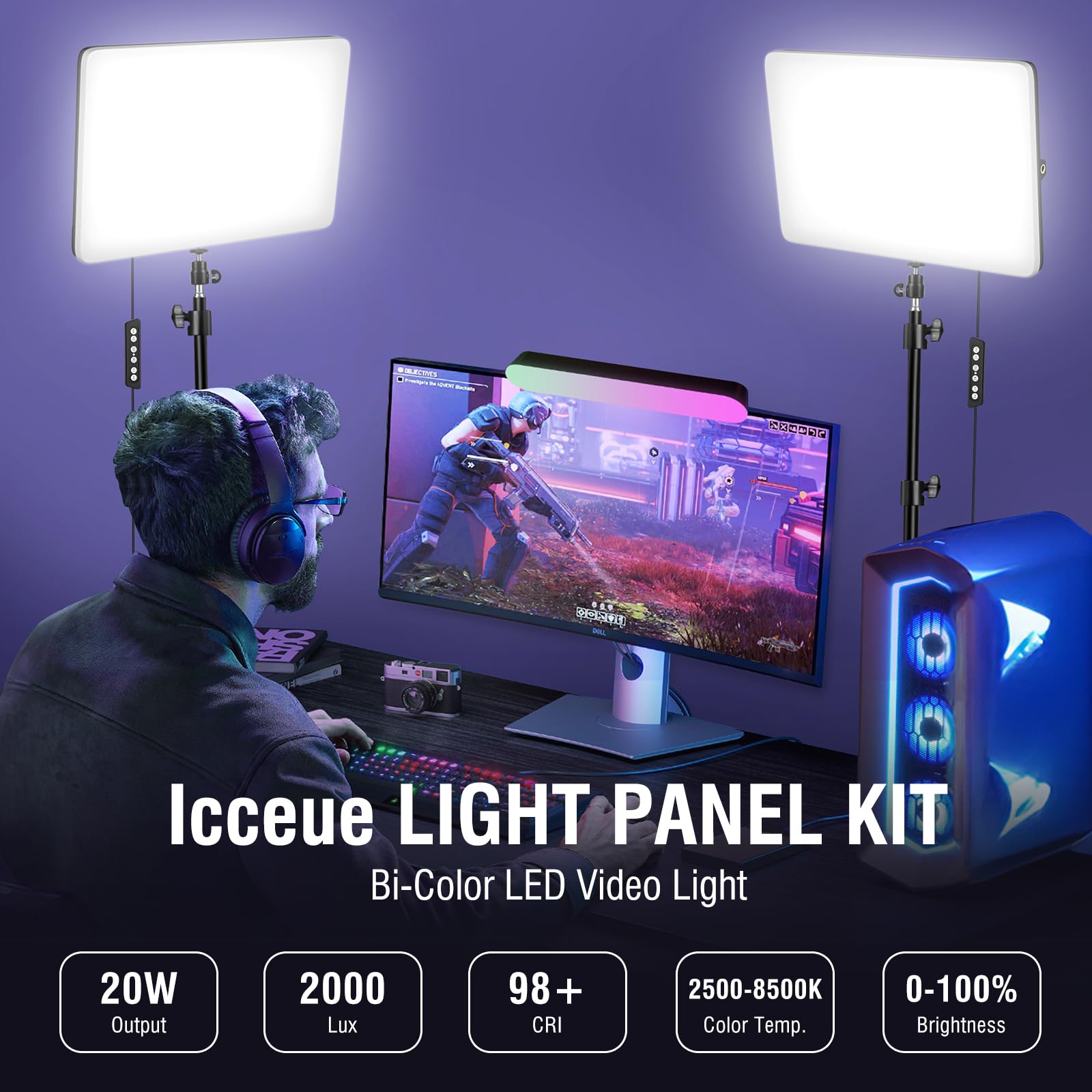 Icceue 2-Pack Led Video Light Kit With 63'' Tripod Stand, 2500K-8500K Dimmable Studio Light Photography Panel Lighting For Video Recording Game Live Streaming Podcast Youtube Filming, Phone Holder