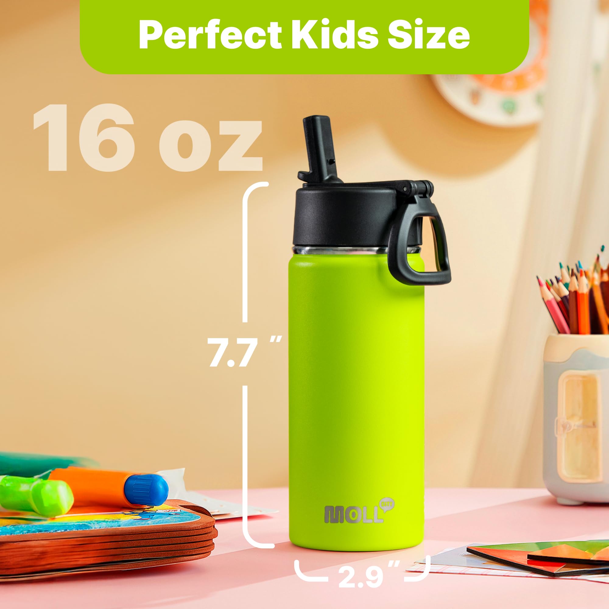 16 Oz Water Bottle For Kids With Straw-Stainless Steel Double Wall Vacuum Insulated Wide Mouth