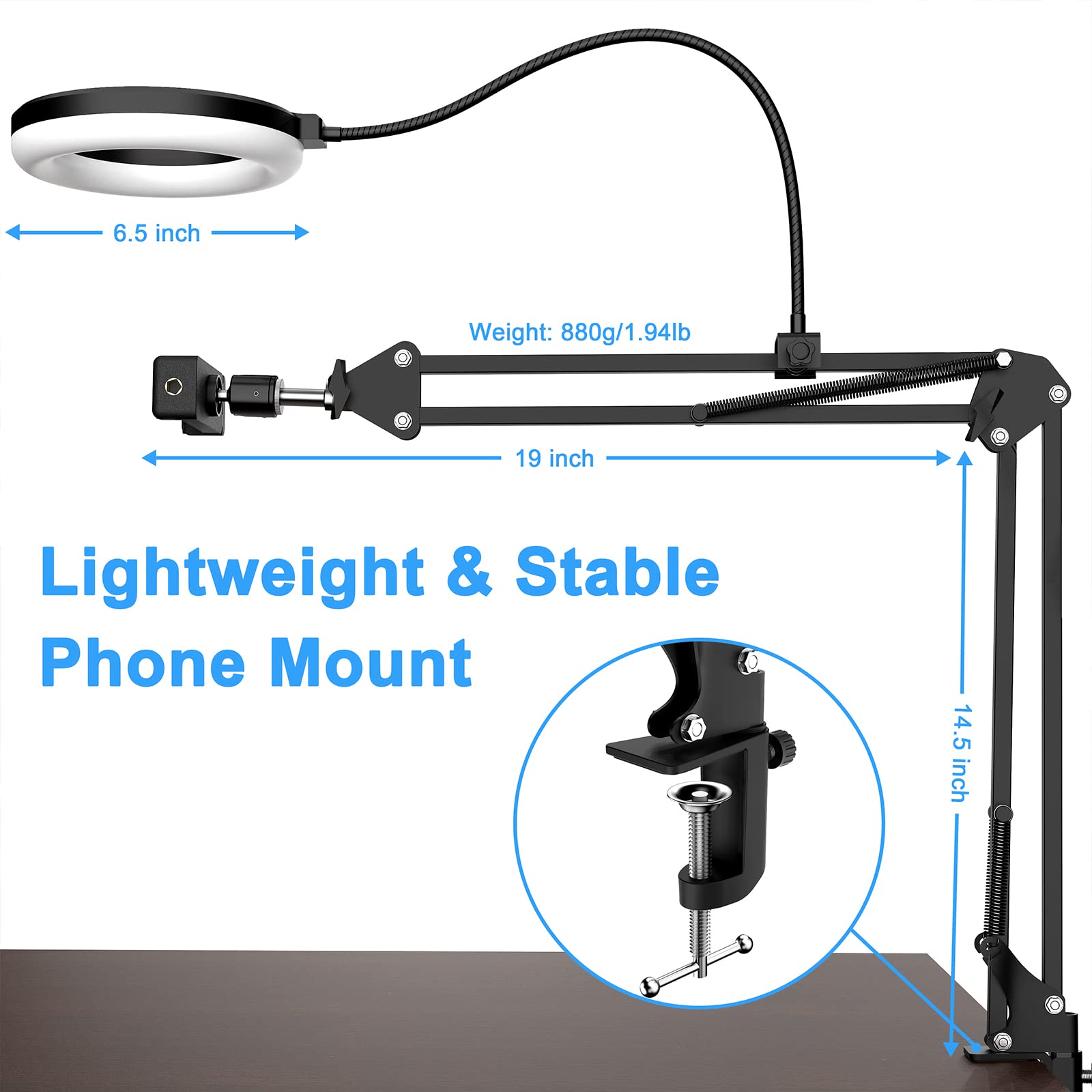 Magloop Overhead Camera Mount With Ring Light, 6‘’ Overhead Phone Mount Compatible With Iphone Camera Webcam, Articulating Arm Phone Mount For Youtube Live Stream Cooking Nail Video Recording