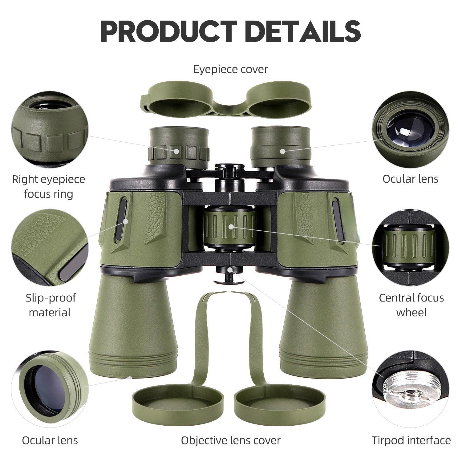 Joneme 20X50 High Powered Binoculars For Adults,Compact Binoculars Telescope With Low Light Vision For Bird Watching Travel Stargazing Concerts Camping -Bak4 Prism Fmc Lens With Phone Adapter(Green)