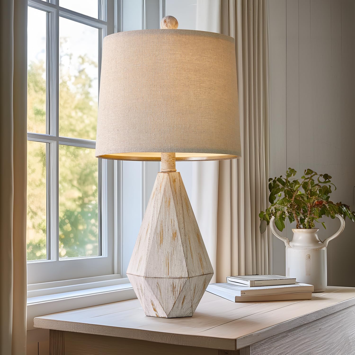 Pokat 20.25" Farmhouse Table Lamp For Nightstand, Vintage Bedside Lamps, Rustic Small Lamp, Modern Side Table Lamp For Living Bed Room Home With Linen Lampshade, Beige, Suitable For Small Place