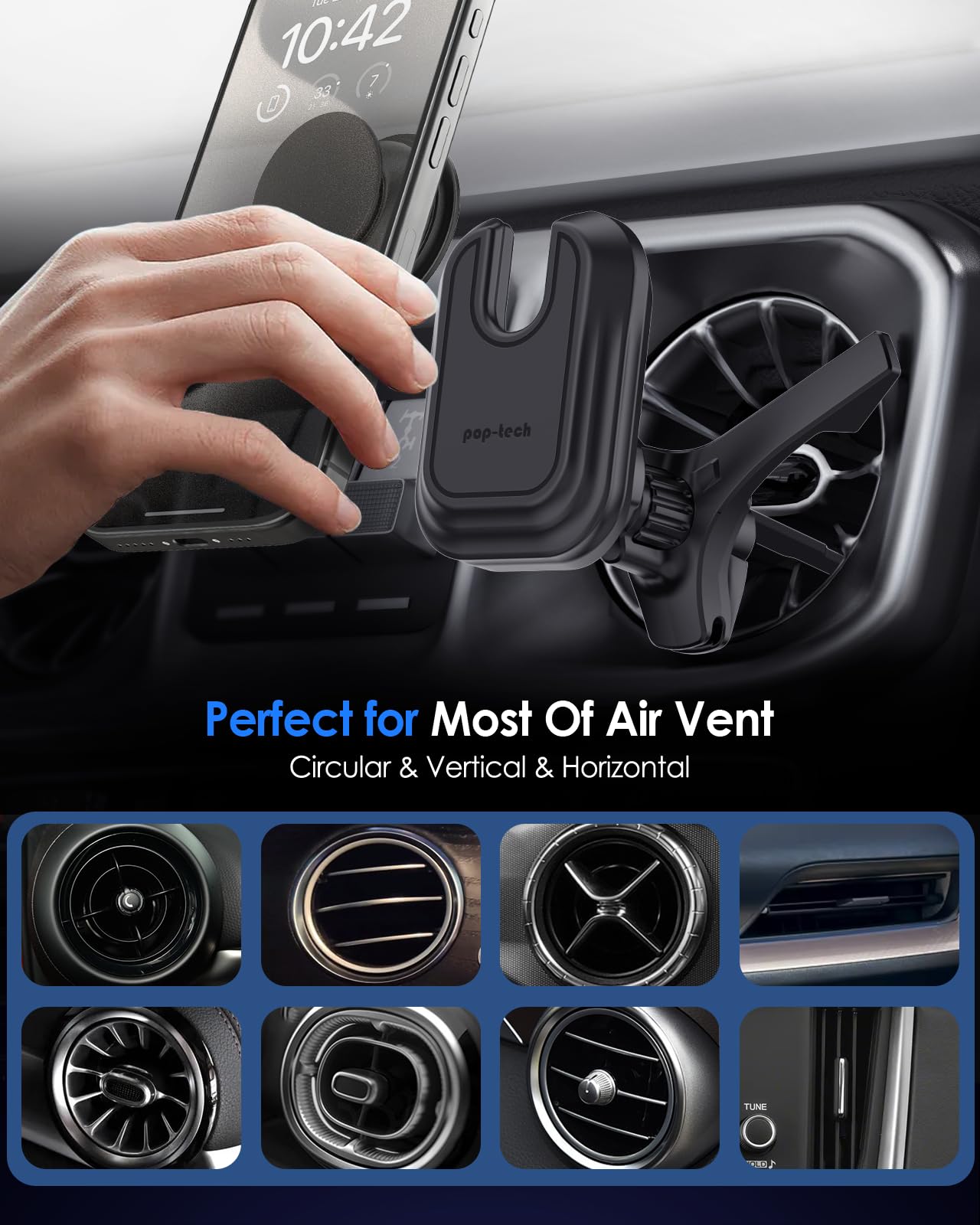 Pop-Tech Car Vent Phone Mount: Cell Phone Holder For Thicker Socket Grip & Iphone 16 15 Samsung Case Magsafe Card Holder, Universal Hook Clip Mount For Round/Horizontal/Vertical Air Vent (Black)