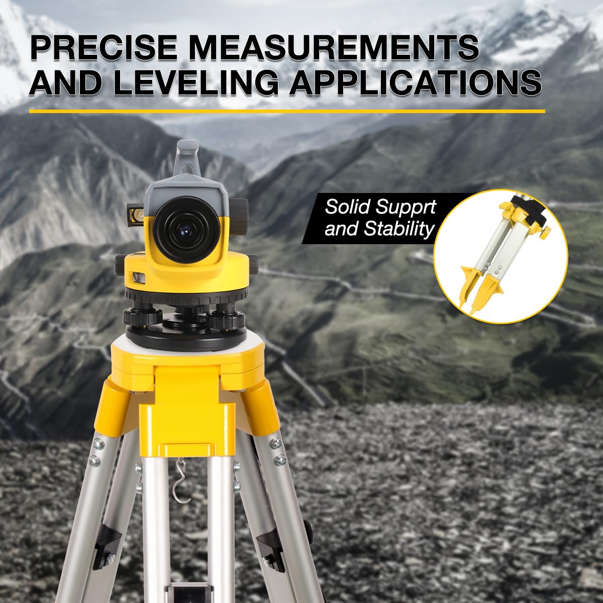 Mountlaser Lightweight Aluminum Surveying Tripod 62.2" With 5/8-Inch 11-Threaded Flat Head And Dual Lock，9 Ft Dual Sided Telescopic Aluminum Grade Rod For Precise Construction Measurement,Land Surveying