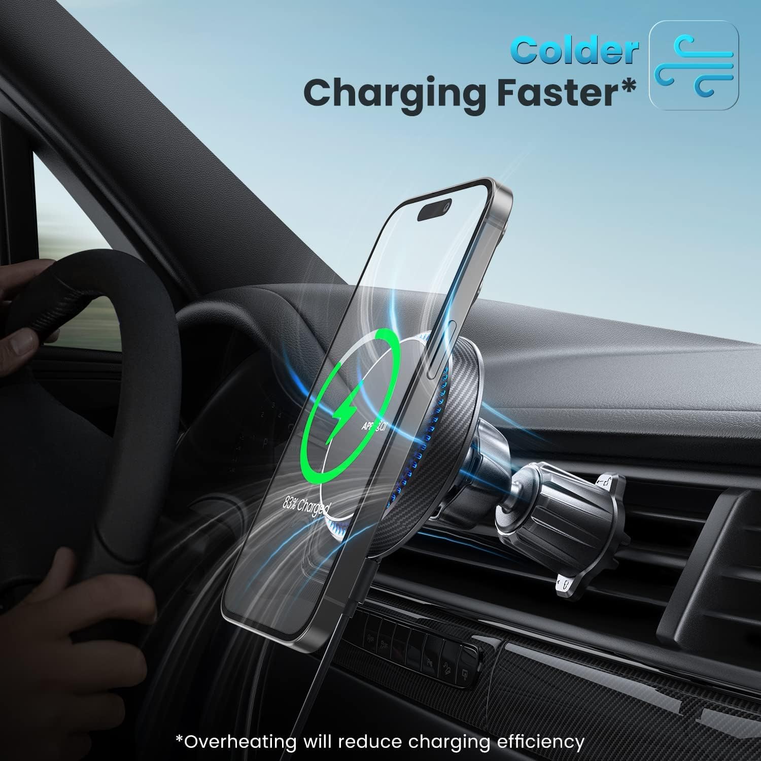 Apps2Car 15W Wireless Car Charger, Compatible With Magsafe, Magnetic Vent Mount For Iphone 16/15/14/13/12 Series, With 3200Rpm Cooling Fan Black