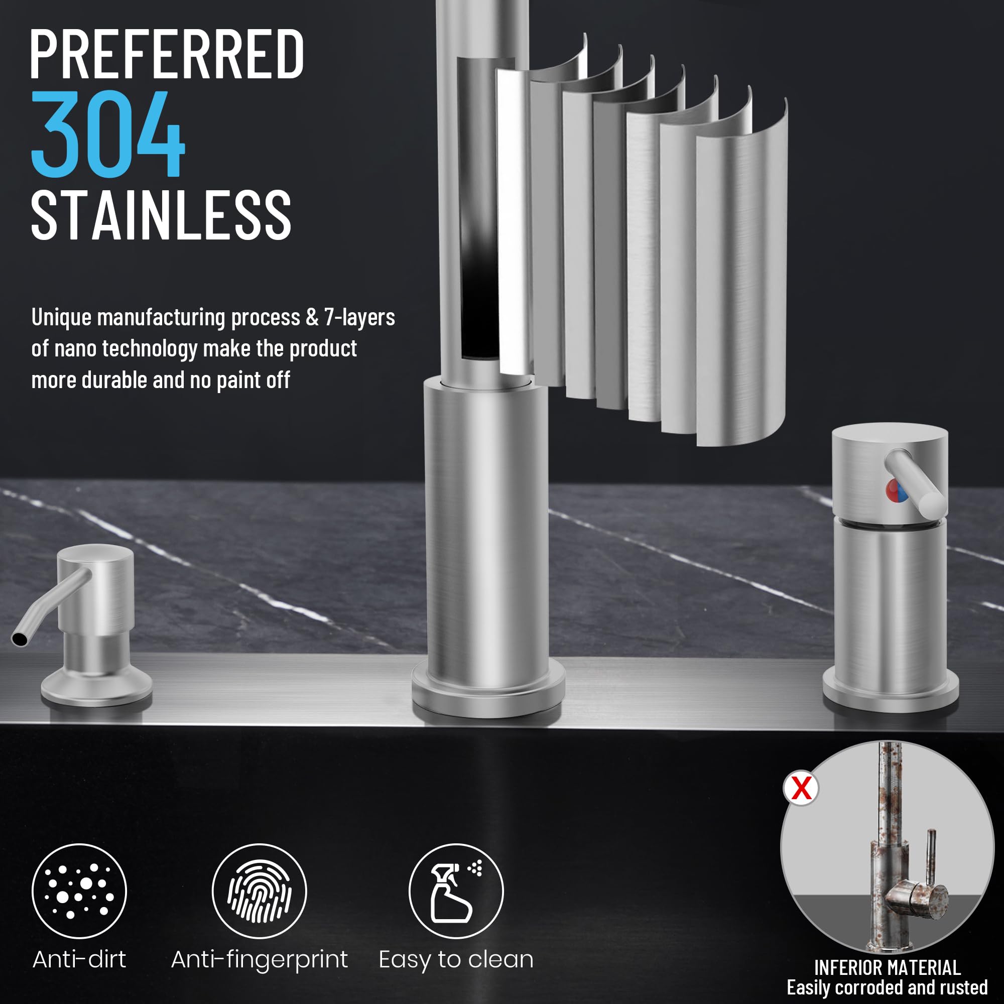 Fropo 3 Hole Kitchen Faucets, Brushed Nickel Kitchen Faucet With Soap Dispenser, Kitchen Faucets With Pull Down Sprayer And Single Side Handle 3 Pieces, Stainless Steel High Arc Kitchen Sink Faucet