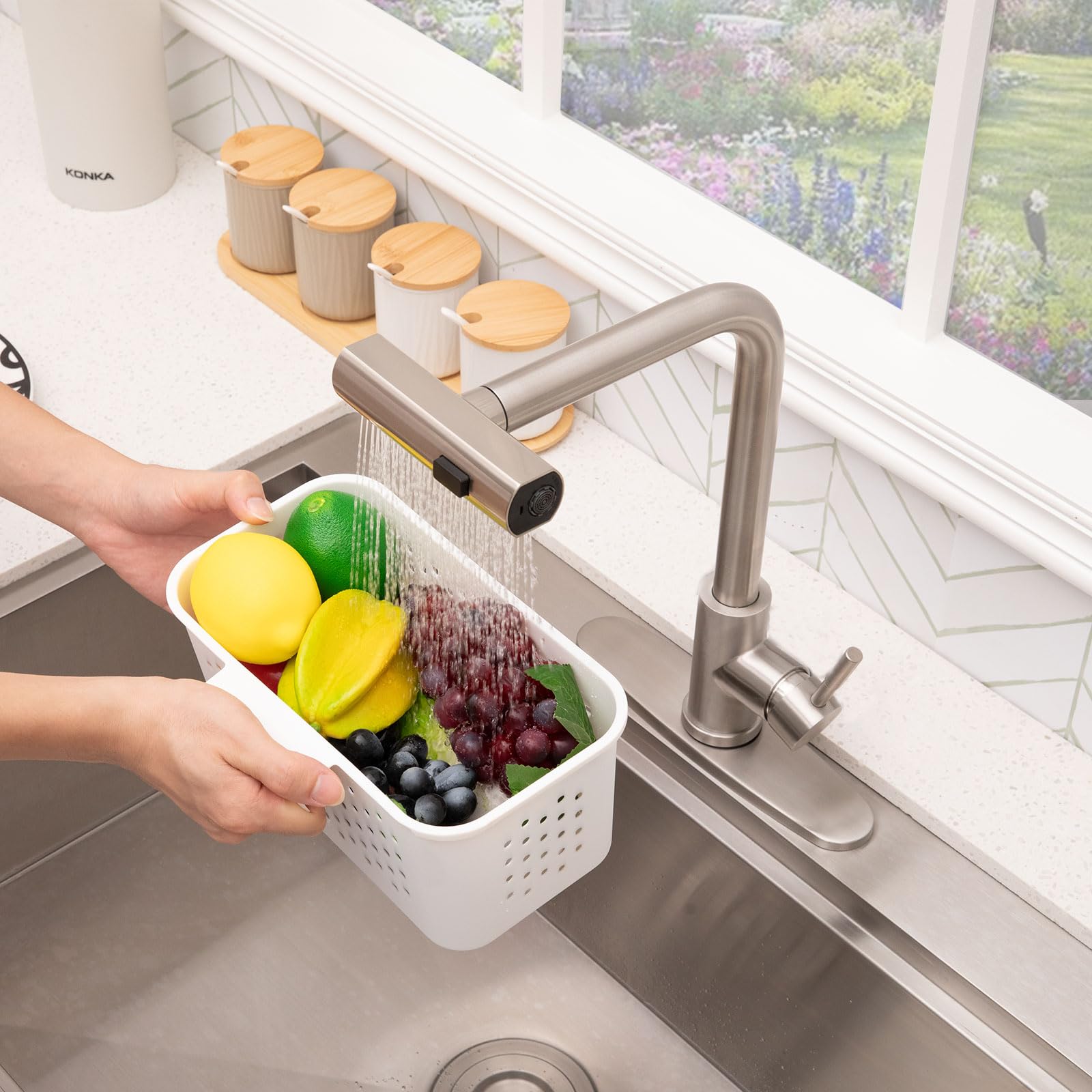 Ricinun Waterfall Kitchen Sink Faucet With Pull Down Sprayer Pull Out Stainless Steel Brushed Nickel Kitchen Faucet Single Handle 3 Function 360 Waterfall Swivel Sprayer
