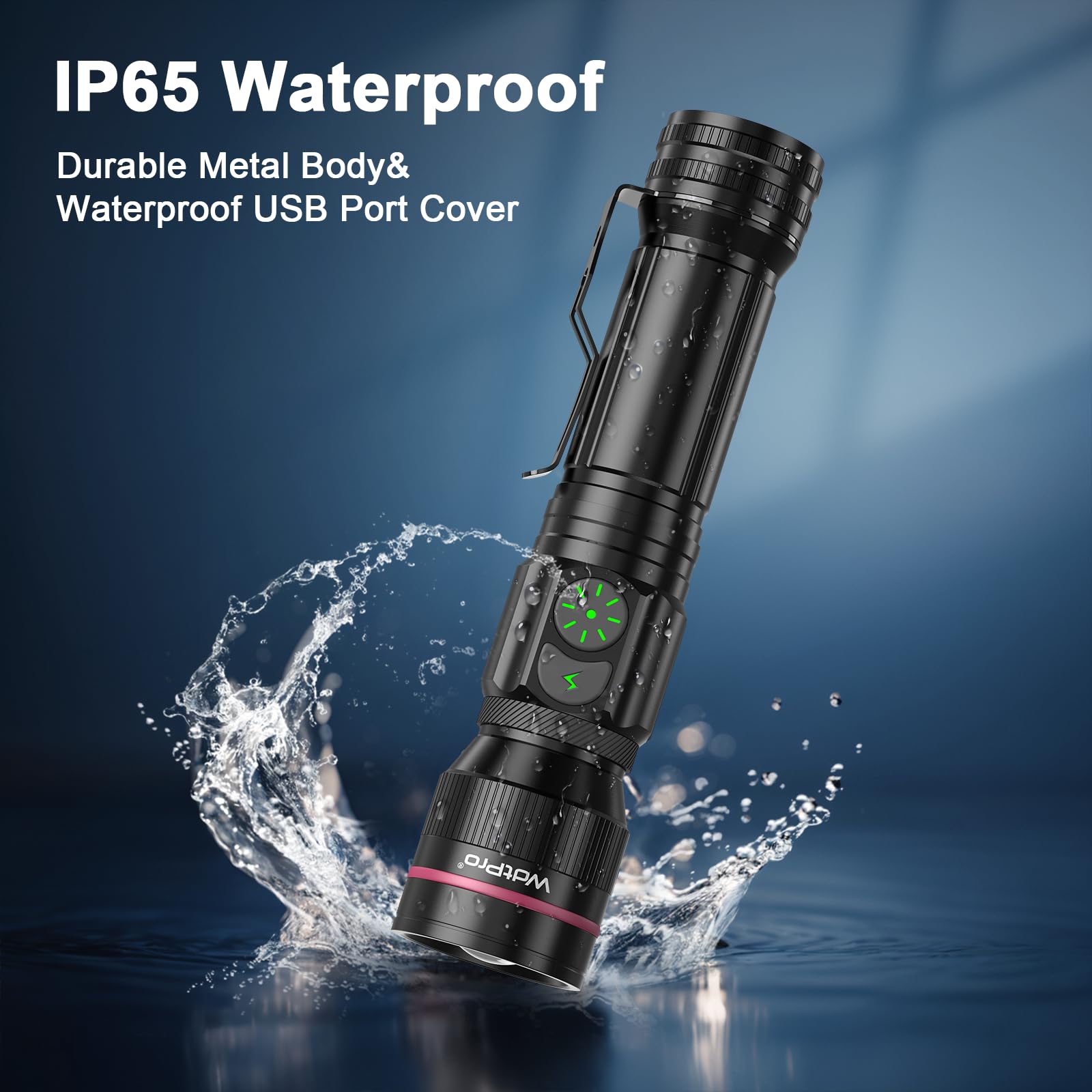 Wdtpro Flashlights Rechargeable, 1200 High Lumens Super Bright Led Flashlight Portable, 5 Modes Dual Switch Utility Flashlight With Clip, Waterproof Zoomable For Camping Emergency, Battery Included