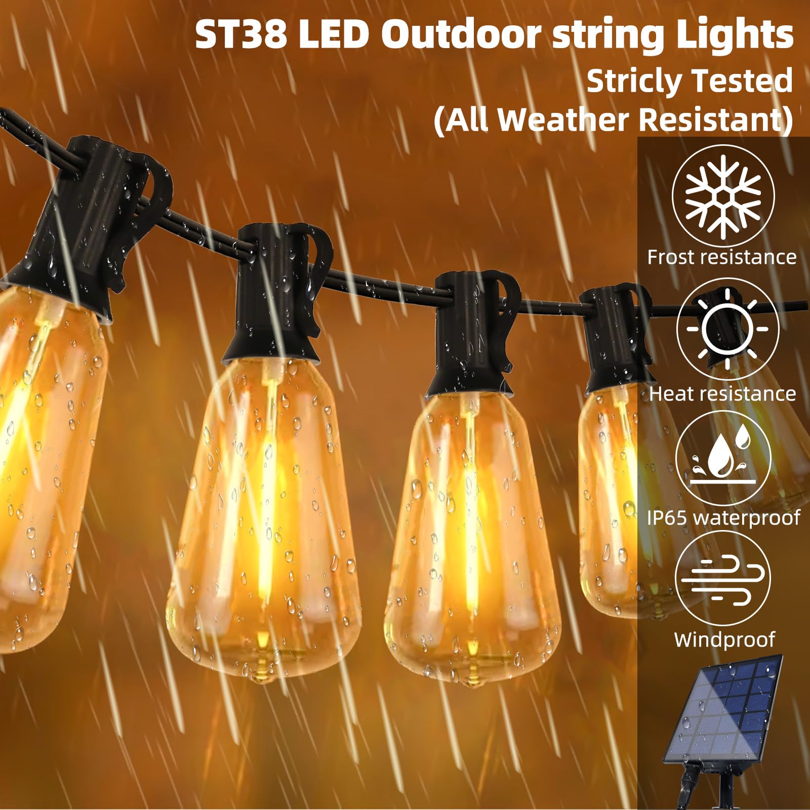 Shineu 58Ft Solar String Lights Waterproof With Remote, St38 Led Dimmable Globe Outdoor Lights For Patio With 27 Edison Vintage Shatterproof Bulbs, Connectable Backyard Lights For Bistro, Porch