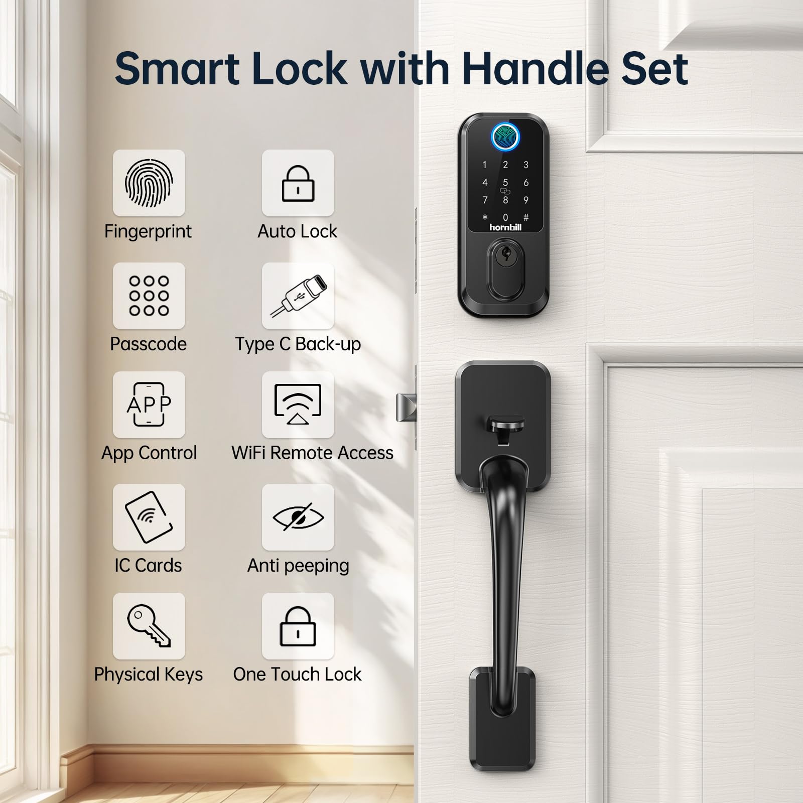 Hornbill Wifi Smart Deadbolt Lock: Front Door Lock Set Keyless Entry With Handle, Smart Locks For Front Door, Alexa Compatible, Fingerprint Keypad Deadbolt, Touchscreen,App Remote Control, Matte Black