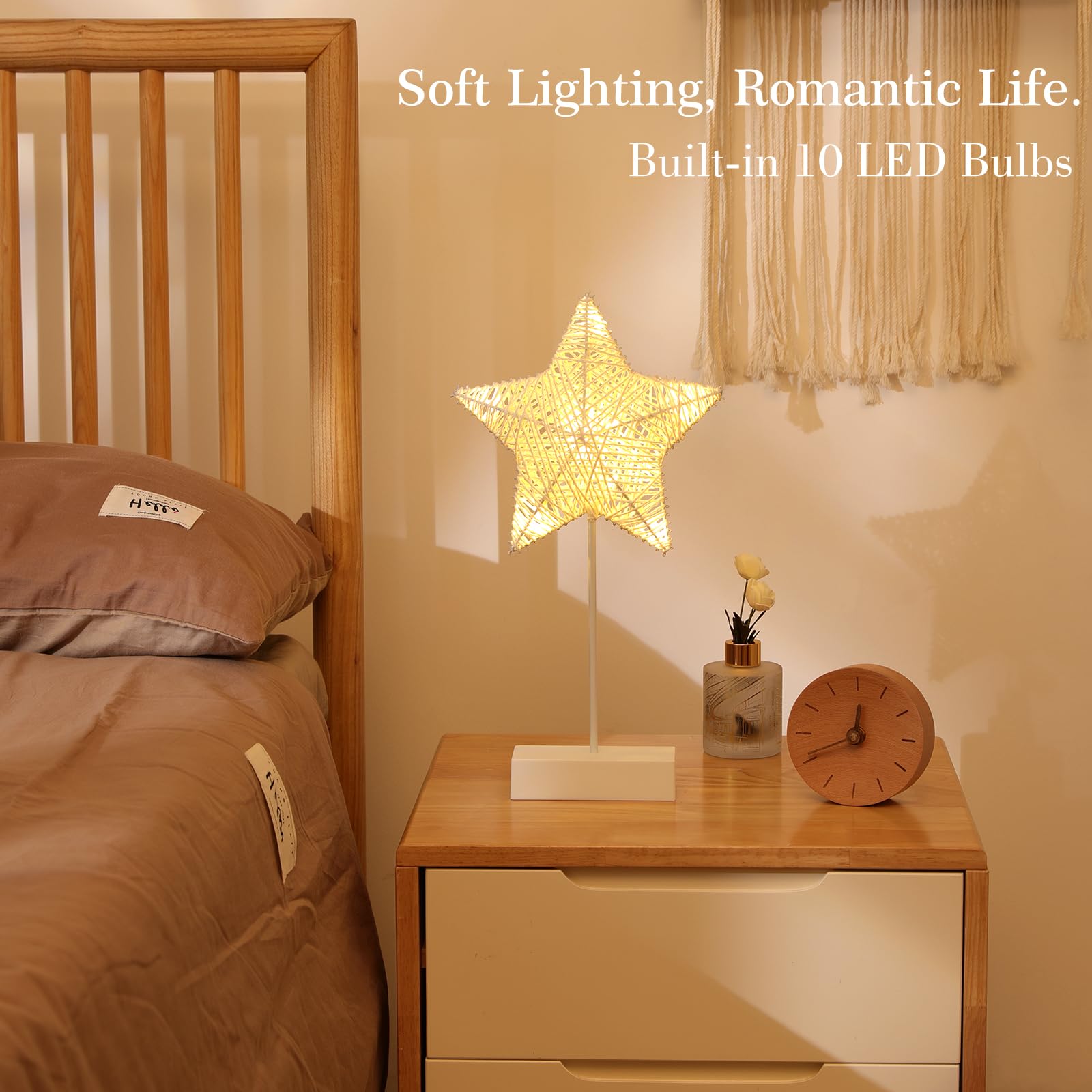 Lewondr Decorative Table Lamp, Christmas Star Night Lamp Winding Cotton Thread Warm Led Light Lamp For Bedroom, Battery Operated Lamp For Tables Cordless Xmas Home Romantic Bedside Table Lamp, White