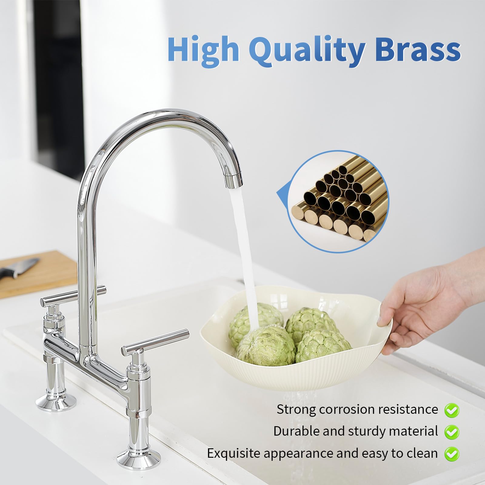 Bwe Chrome Bridge Kitchen Faucet,Two Handle Brass Faucet For Kitchen Sink 2 Holes,8 Inch Centerset Kitchen Sink Faucet With 360° Swivel Spout,High Arc Vintage Tap Deck Mounted