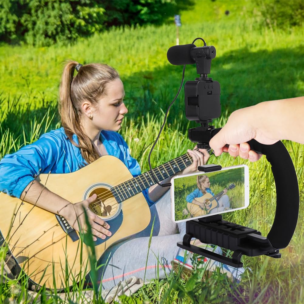 Tiiyee Handheld Camera Stabilizer Bracket,Portable U Shape Video Holder With Led Fill Light And Microphone For Interview Photography Portable Dv Bracket Studio Kit Cold Shoe Tripod Head All Cameras Home