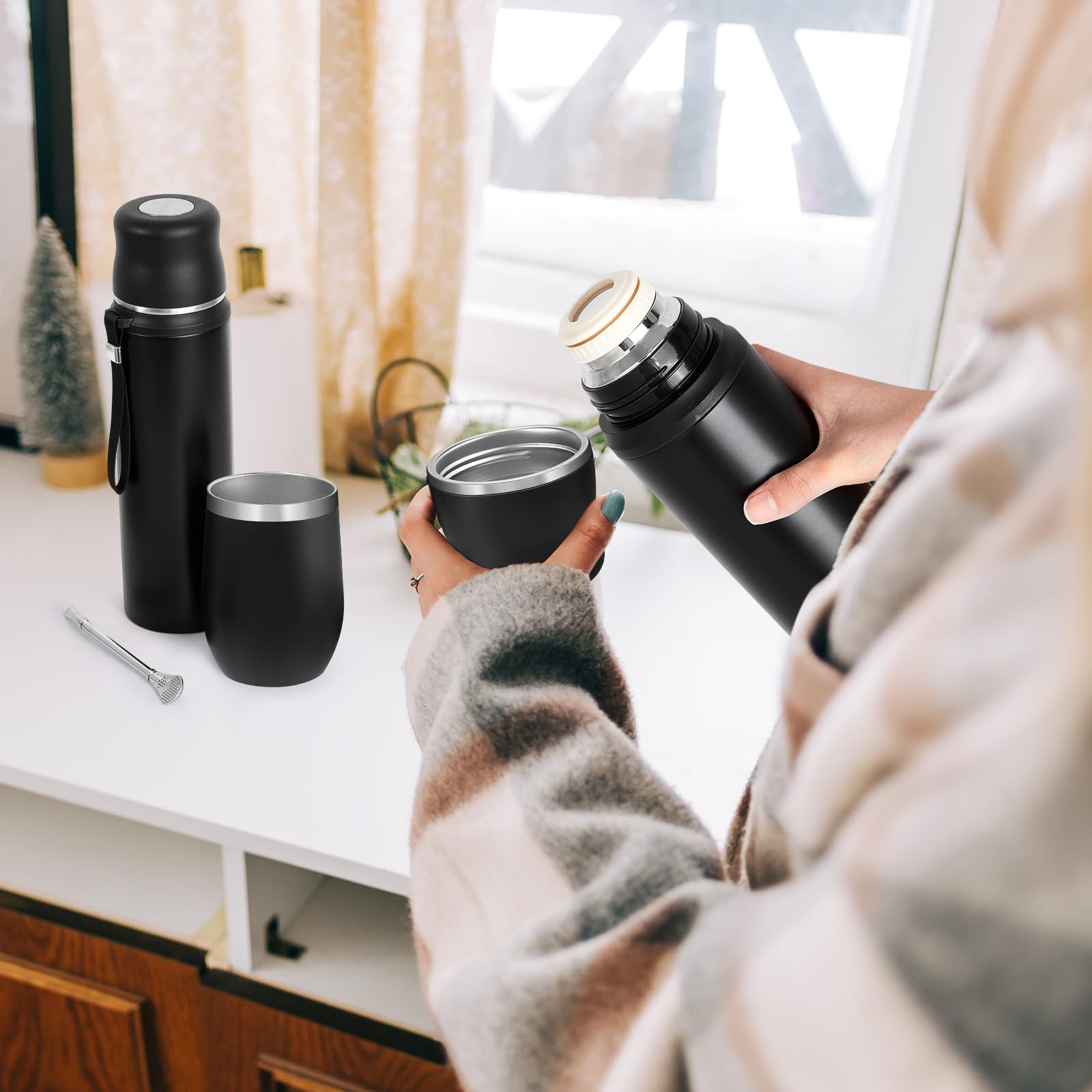 Dandat 2-Piece Yerba Mate Cup And Vacuum Bottle Kit - 12 Oz Yerba Mate Gourd Cup
