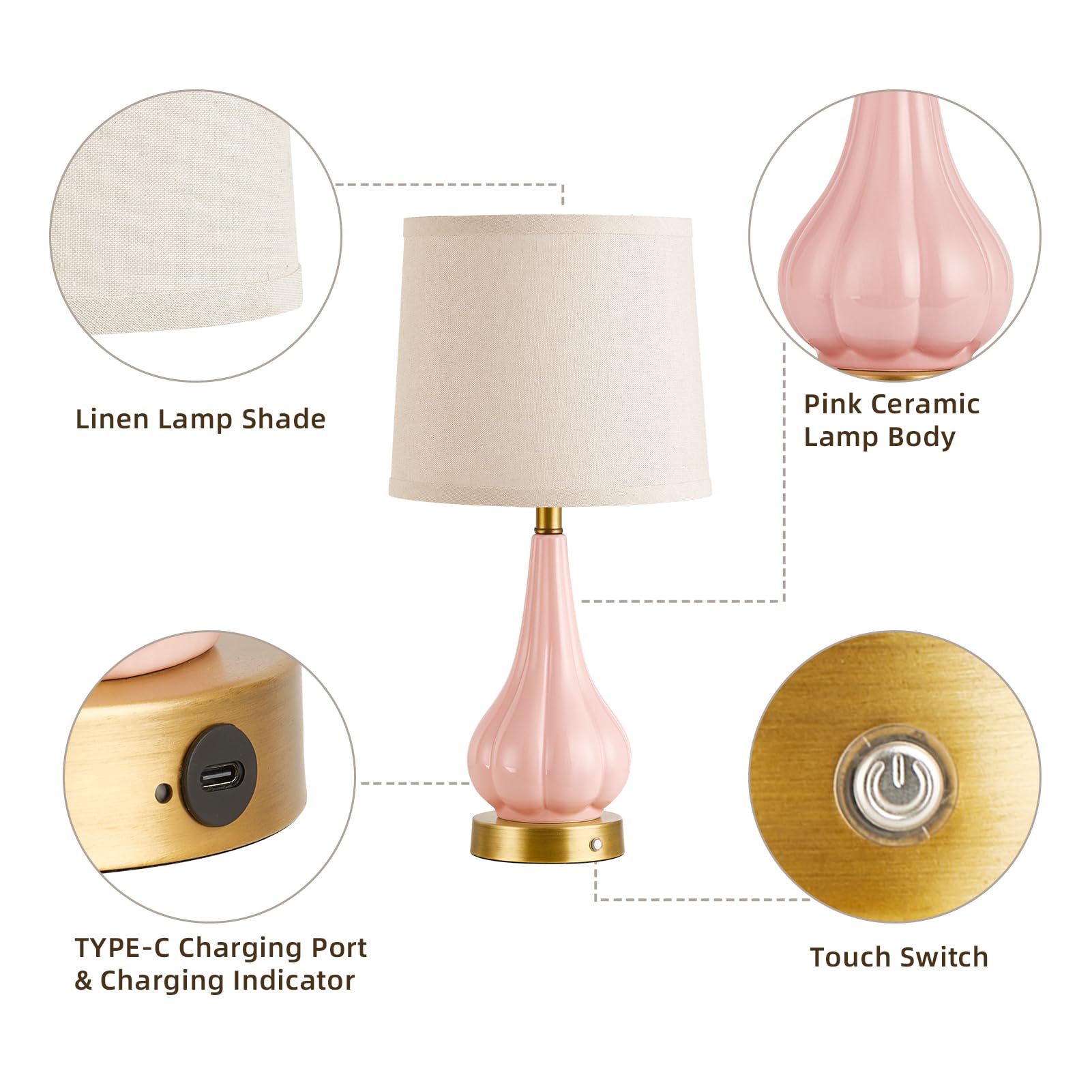 Roriano 2 Pack Cordless Portable Table Lamp, 5000Mah Rechargeable Battery Operated Lamps, Touch Control Stepless Dimmable Night Light Table Lamps For Dining Room, Bedroom, Bedside, Restaurant (Pink)