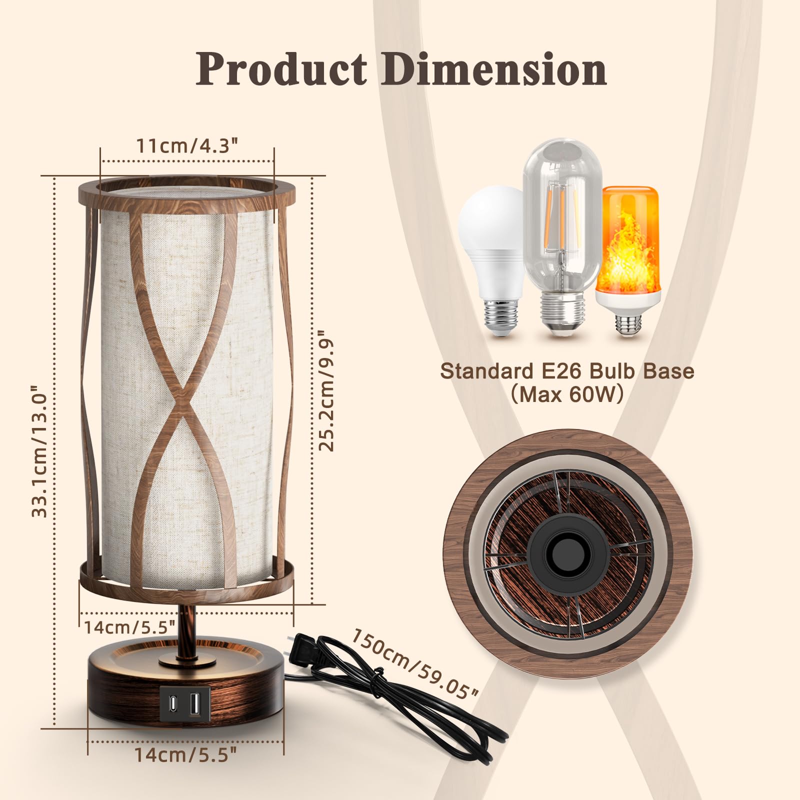 Hymela N10-2 Farmhouse Table Lamp Dimmable Touch Control Plug In Lamps Linen Rustic Desk Lamp Iimitation Wood Metal Base Vintage Nightstand Table Lamp With Usb Port For Bedroom Bedside (Bulb Included)