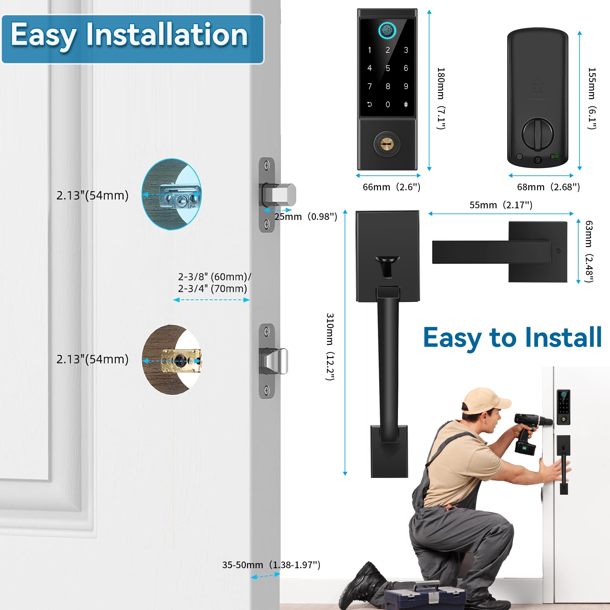 Bebasia Smart Door Lock With Front Door Handle Set, Heavy Duty Fingerprint Handleset, Keyless Entry Door Lock, Smart Deadbolt For Front Door, Bluetooth Keypad Digital Lock Black