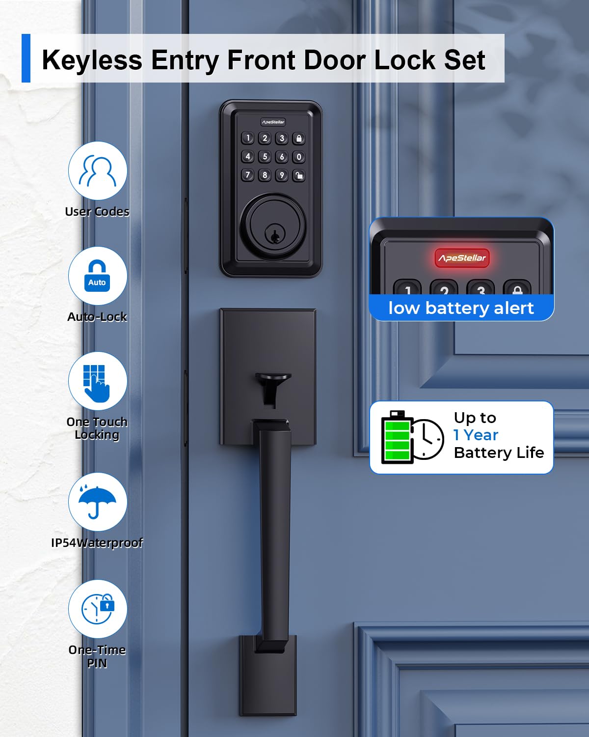 Apestellar Keyless Entry Door Lock Deadbolt With Handle Set - Front Door Lock Set- Electronic Keypad Deadbolt - Smart Lock -Easy Installation -Matte Black