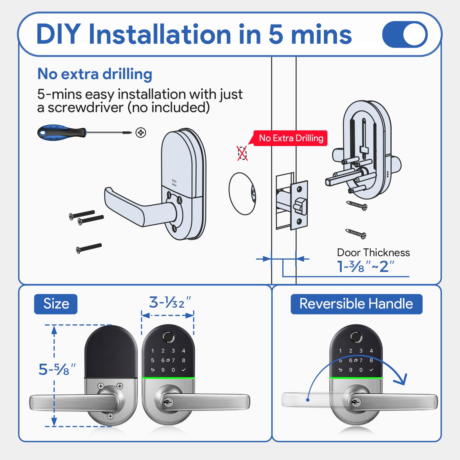 Nice Digi Smart Keypad Door Lock With Handle: Keyless Entry Electronic Lock For Front Door, Easy Installation