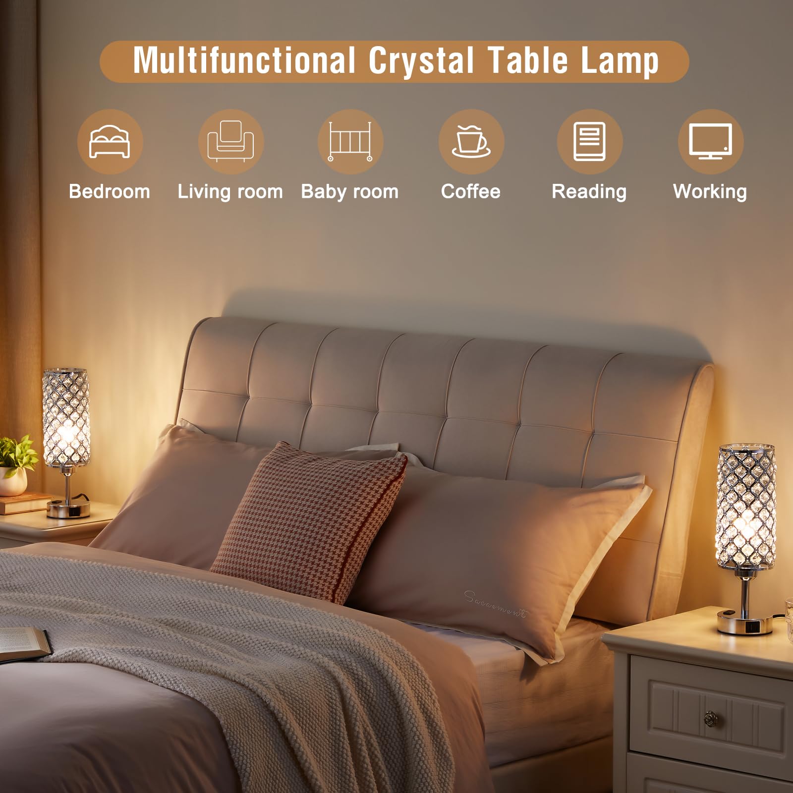 Hong-In Crystal Lamp Touch Control Set Of 2, Sliver Crystal Table Lamps With Usb C+A Ports & Ac Outlet, 3-Way Dimmable Nightstand Touch Lamp, Modern Bedside Table Lamp For Bedroom(Bulbs Included)