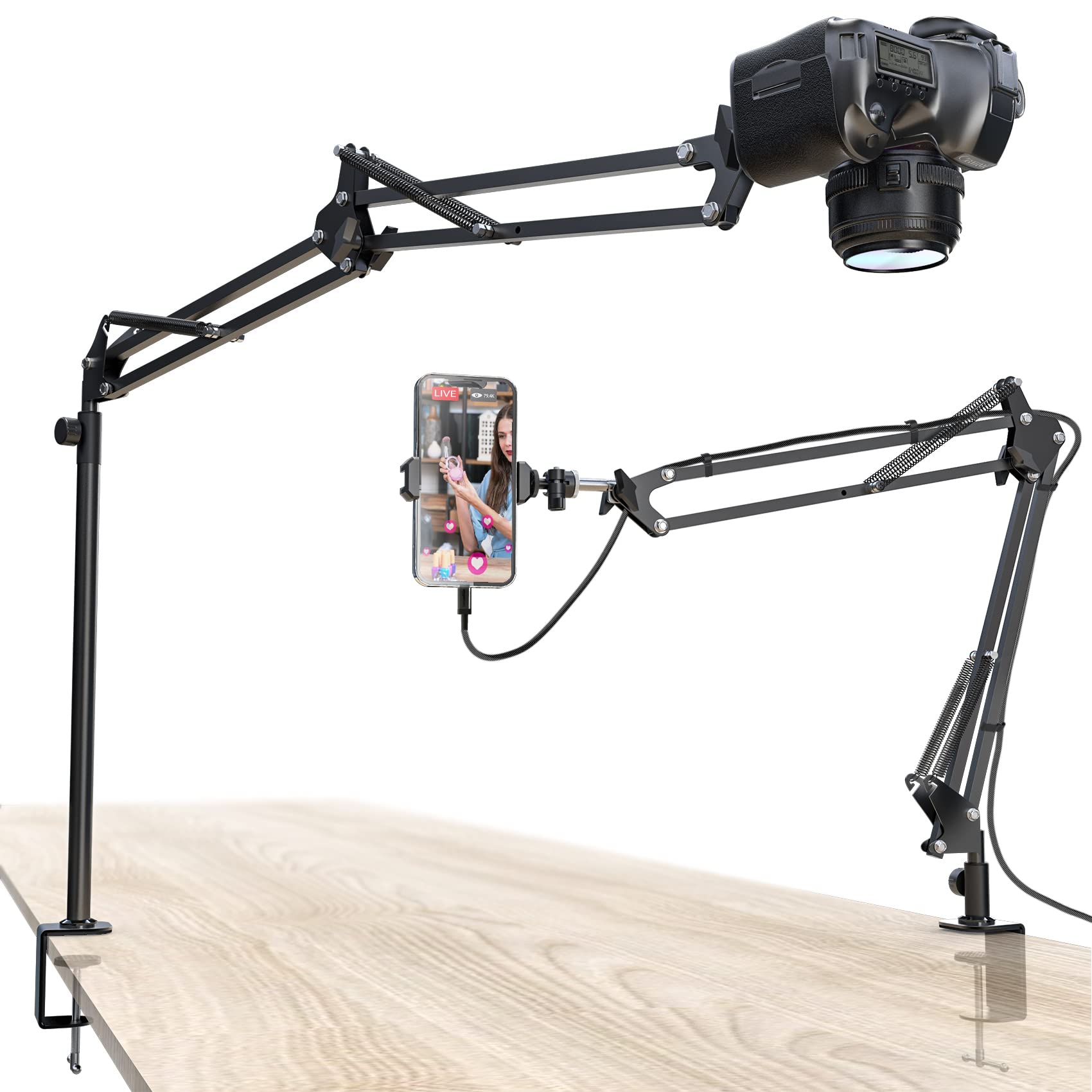Cacencan Overhead Camera Mount, 5Lb Horizontal Load-Bearing, 360° Adjustable Stand For Desk, Flexible With Phone Clamp, Tabletop Mount For Dslr Camera/Webcam/Microphone