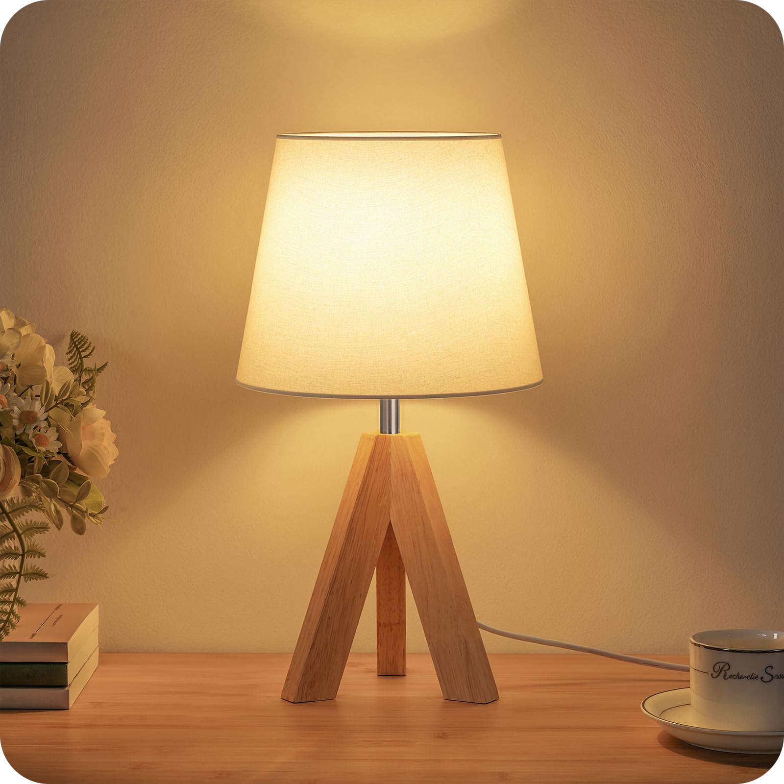 Goebleson Small Tripod Table Lamp, Modern Nightstand Lamp With Fabric Shade, Boho Bedside Wood Desk Light For Bedroom, Kids Room, Living Room, Office, Study, White, W51Tl05