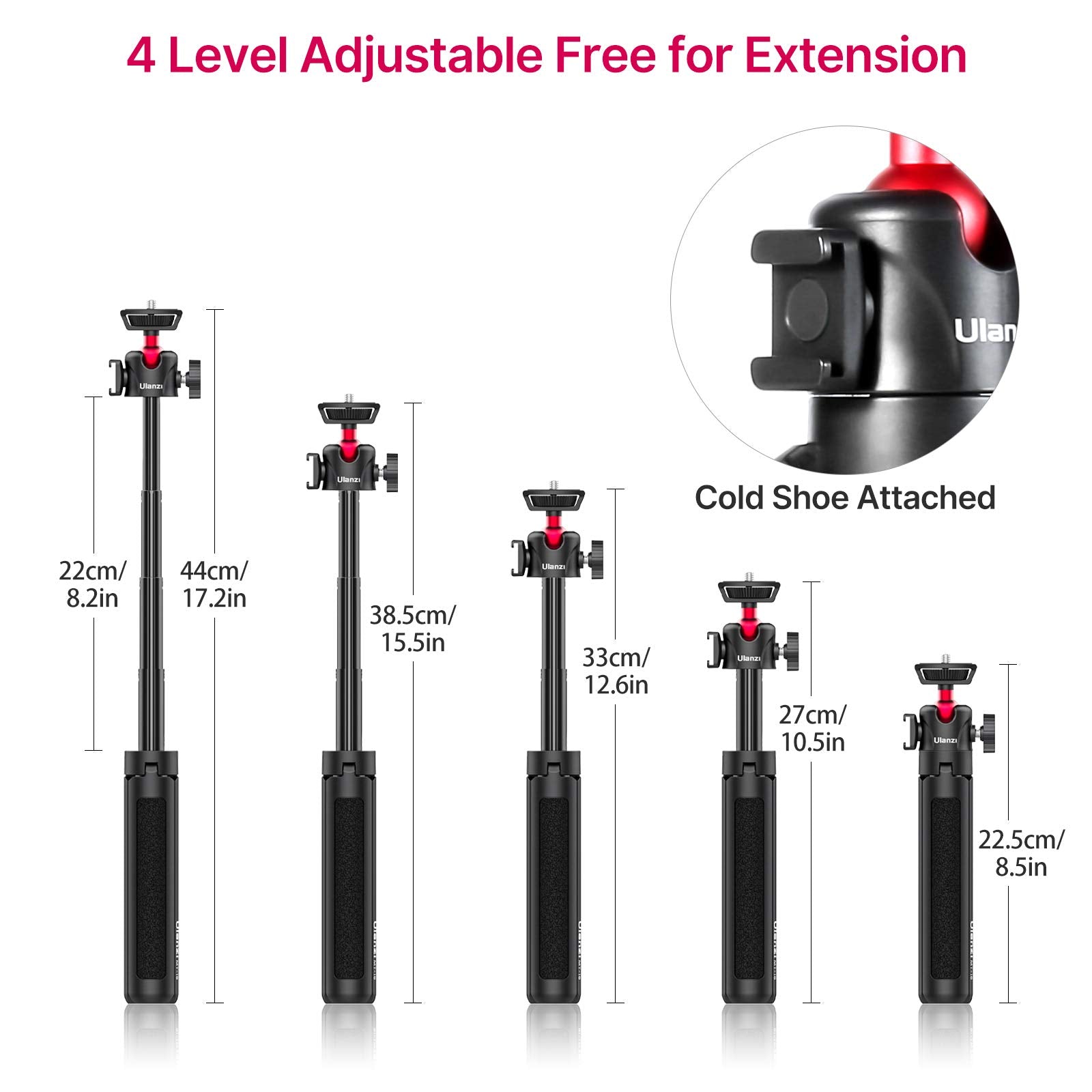 Ulanzi Select Mt-16 Extendable Mini Camera Tripod, 4 Levels Adjustment 360° Ball Head Cold Shoe Lightweight Portable Vlog Travel Selfie Stick Handle Grip Desktop Webcam Tripod For Dslr Action Camera