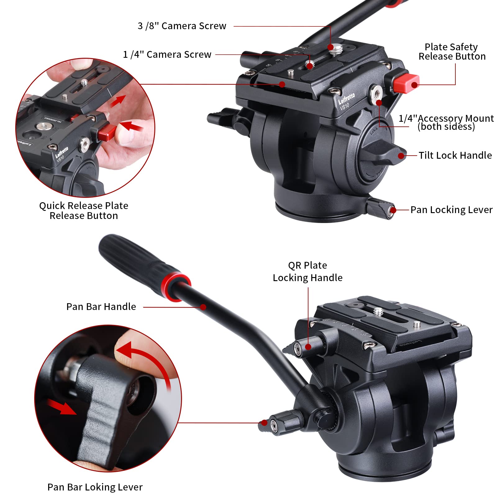 Leifrotto Tripod Head For Video Dslr Camera, Heavy Duty Fluid Head Tripod With Quick Release Plate, Max Load 22 Pounds,1/4 To 3/8 Connection, Supports Tripods, Monopods Connections Vs10