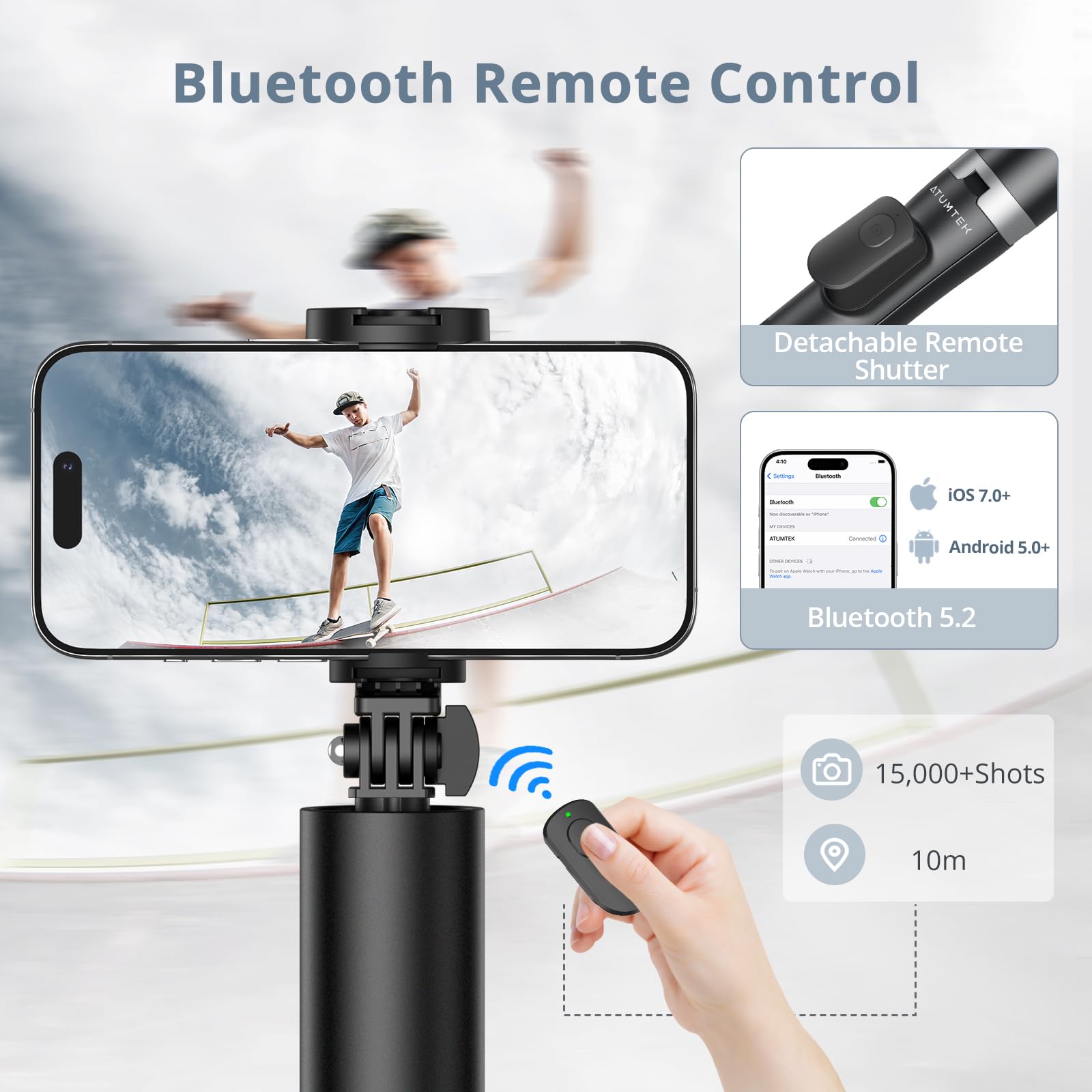 Atumtek 63" Phone Tripod, Extendable Selfie Stick Tripod With Bluetooth Remote, All-In-One Aluminum Phone Tripod Stand With Cold Shoe Mount For Gopro, 4"-7" Iphone And Android Smartphones Black