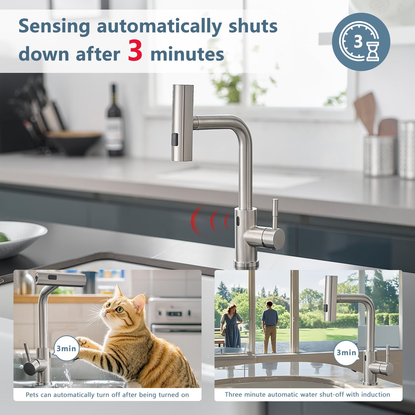 Gimili Touchless Waterfall Kitchen Faucet With Pull Down Sprayer Brushed Nickel Single Hole Handle Stainless Steel Kitchen Sink Faucets Commercial Modern Faucets For Pull Down Sprayer Sinks