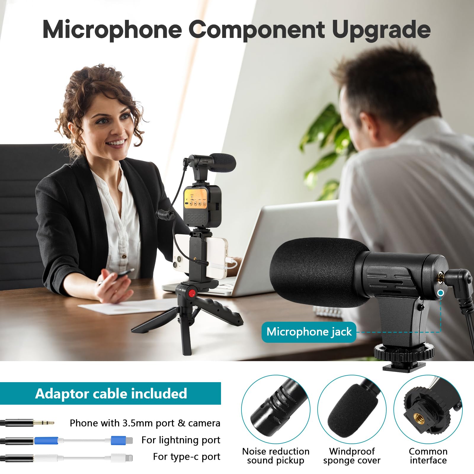 Kalofaye Vlogging Kit For Iphone, Android (With Tripod), With Mini Led Video Light + Cardioid Microphone + Phone Clip + Tripod For Video Calling, Vlogging, Youtube, Instagram, Tiktok