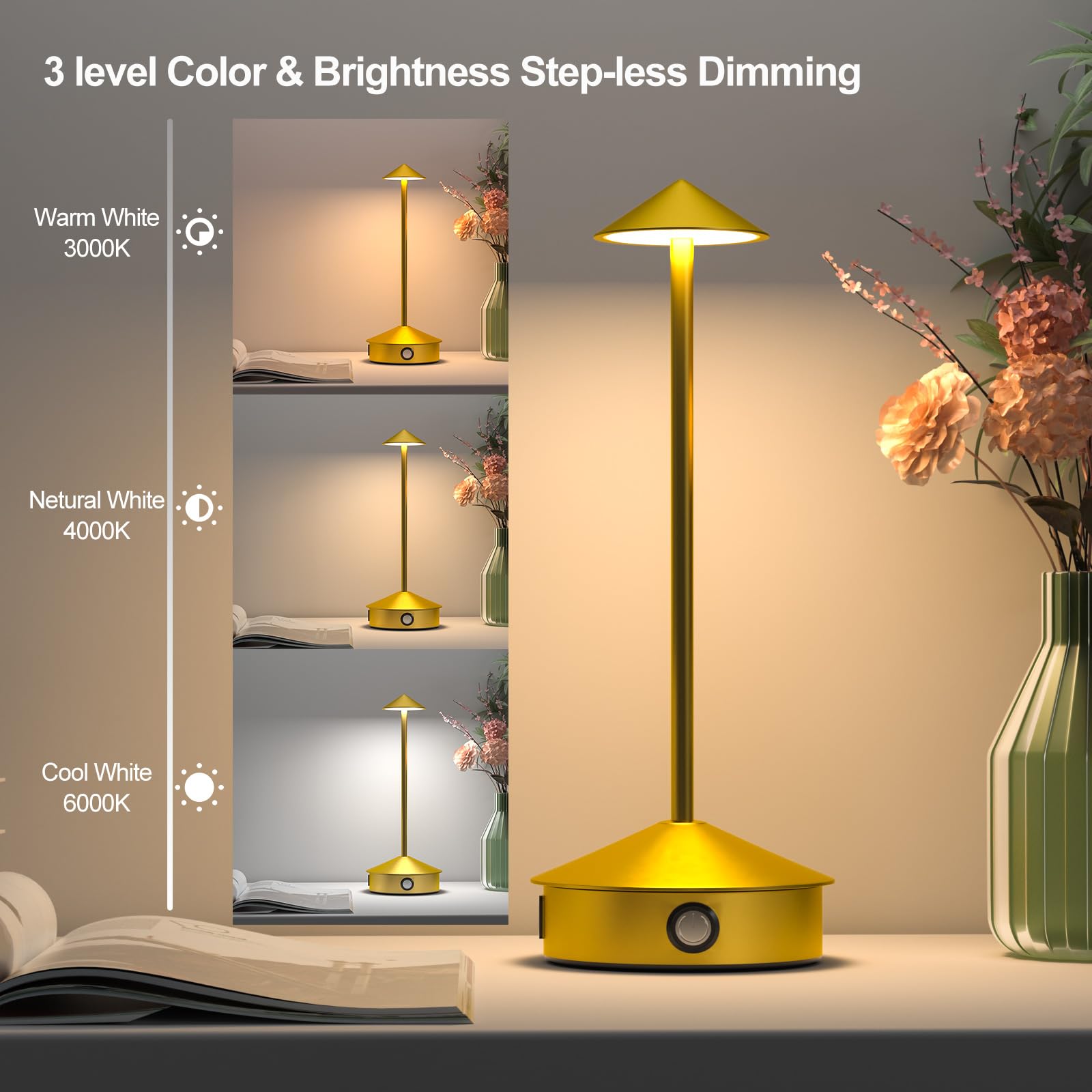 Apspow Table Lamps,Cordless Desk Lamp With Usb Port, 6000Mah Battery Operated Desk Lamp, 3 Level Brightness Led Table Lamp With Modern Design, Table Light For Bedroom, Gold