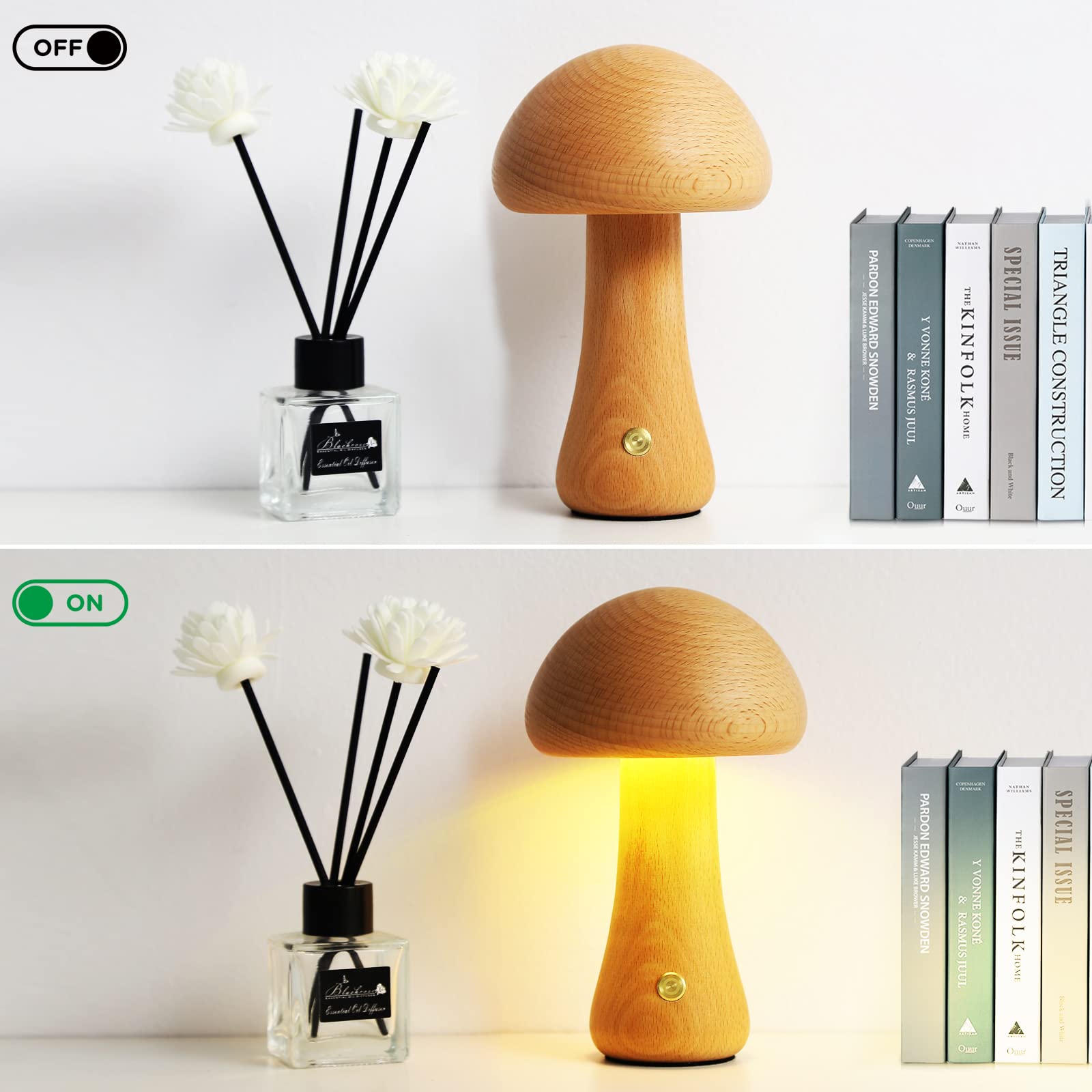 Mihoho Mushroom Lamp For Bedroom, Portable Dimmable Bedside Lamp With Usb Charging, Cordless Wooden Nightlight, Mushroom Table Lamp For Home Decor (Large, Beech A+)