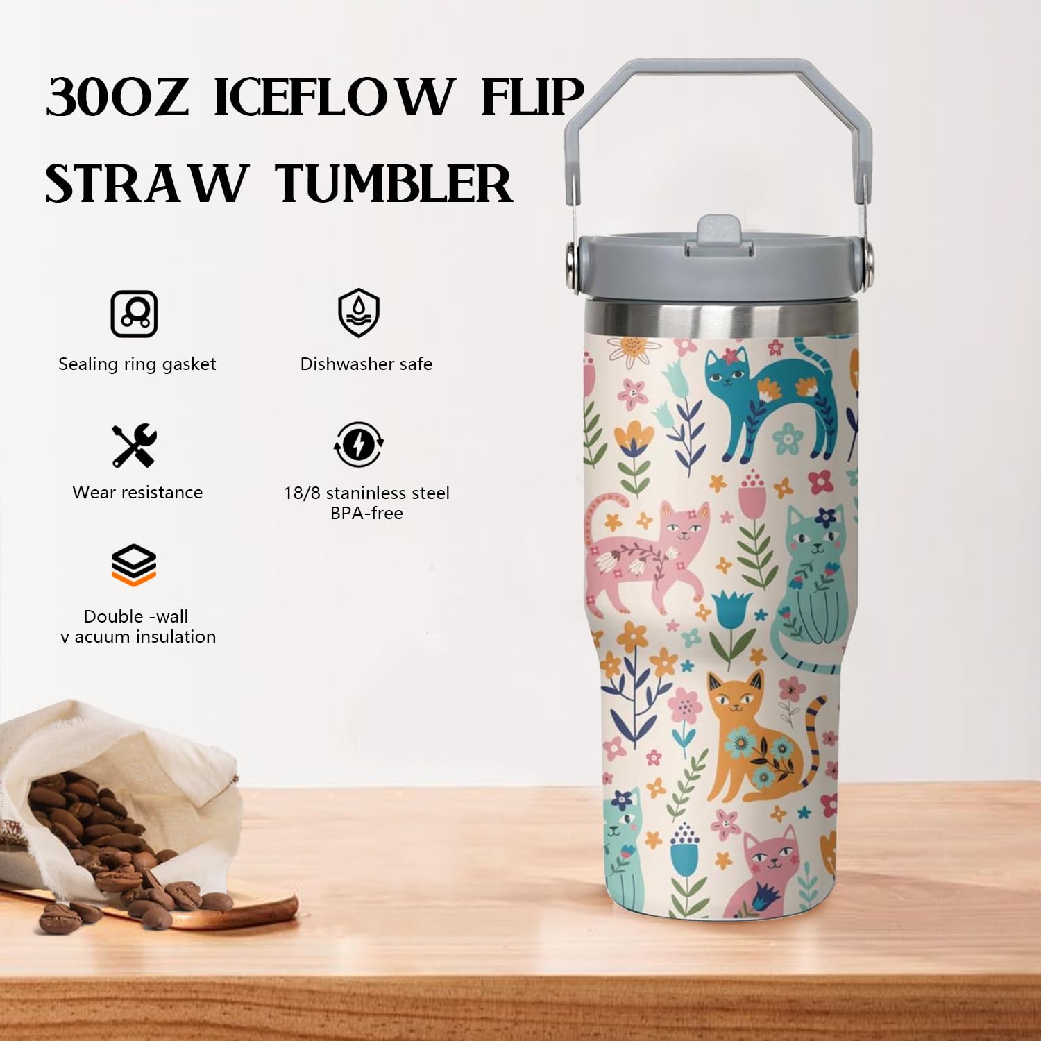 30 Oz Cat Flip Strawtumbler Lid And Straw,Funny Cat Leakproof Insulated Stainless Steel