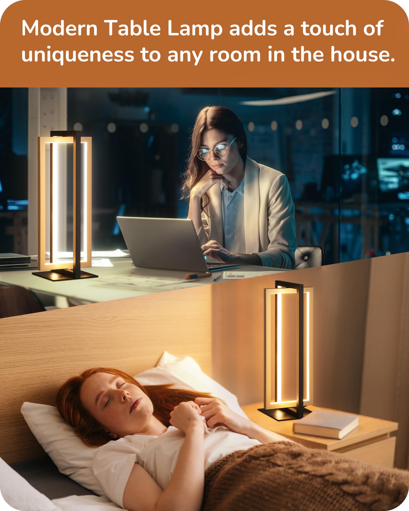 Edishine Led Table Lamp, 3 Color Temperatures Bedside Lamp (3000K 4500K 6000K), Max 750Lm Touch Dimmable Nightstand Lamp For Living Room Bedroom, Angle Adjustable, Dual-Frame Rectangle, 2 Pack