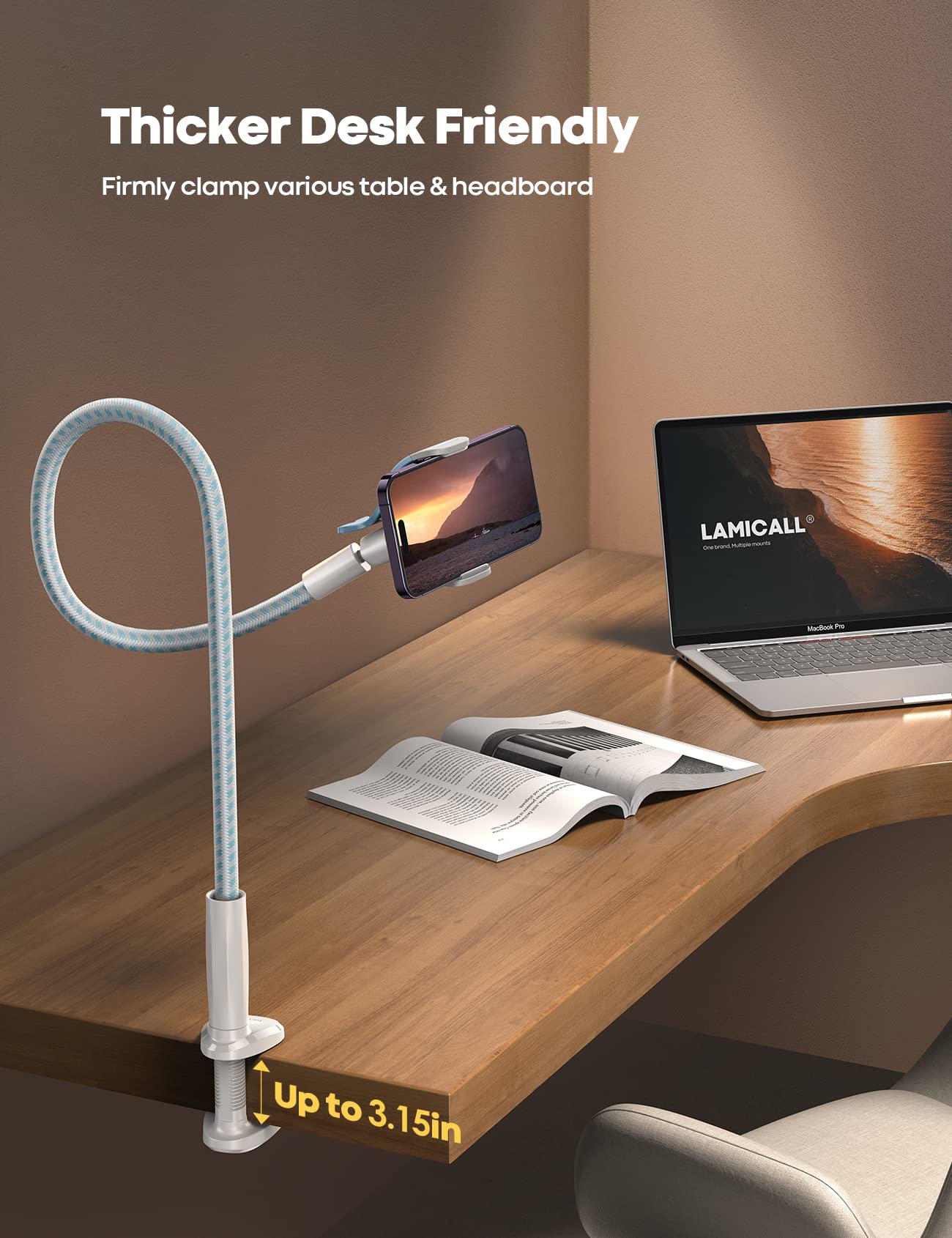 Lamicall Gooseneck Phone Holder Bed - [Nylon Braided] Flexible Arm, Overall Length 38Inch, 360 Adjustable Clamp Clip, Overhead Cell Phone Mount Stand For Bed, Blue White