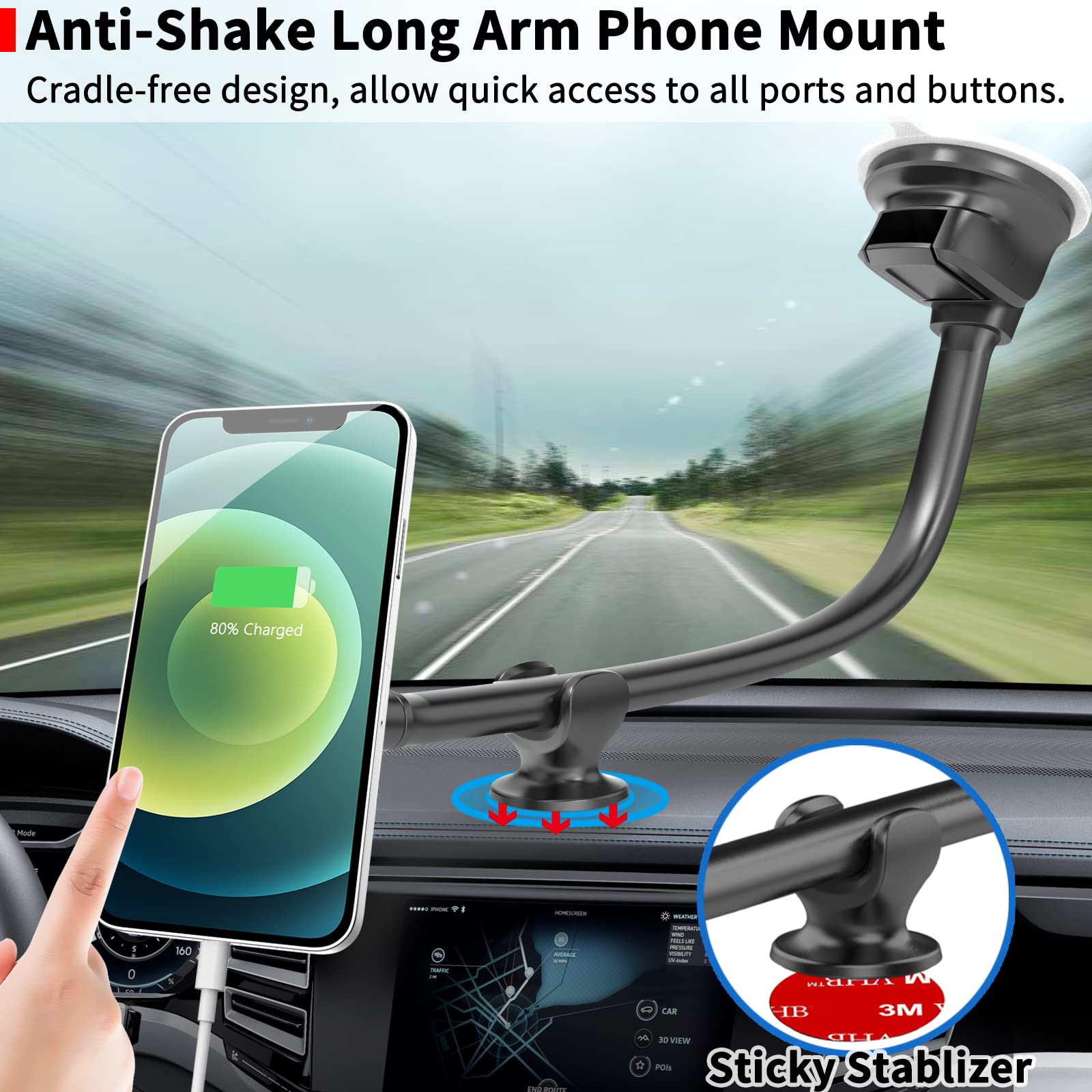 Apps2Car Magnetic Car Phone Holder Mount [Flexible Long Arm] Anti-Shake Windshield Phone Mount [6 Strong Magnets] Cell Phone Holder For Car [Case Friendly] Compatible With Iphone Smartphones Tablets