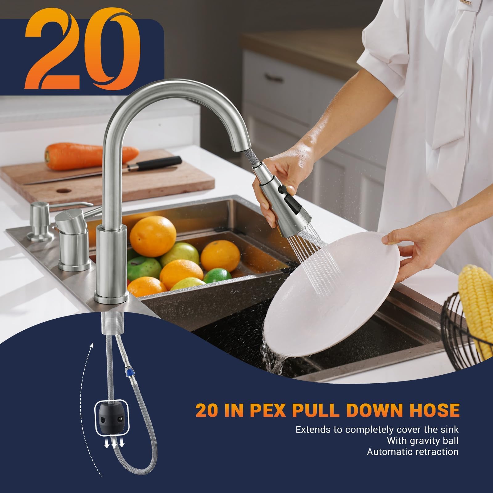 Blylund 3 Hole Kitchen Faucets With Soap Dispenser, Brushed Nickel Kitchen Faucet With Pull Down Sprayer 3 Modes Stainless Steel Side Single Handle Modern Sink Faucets