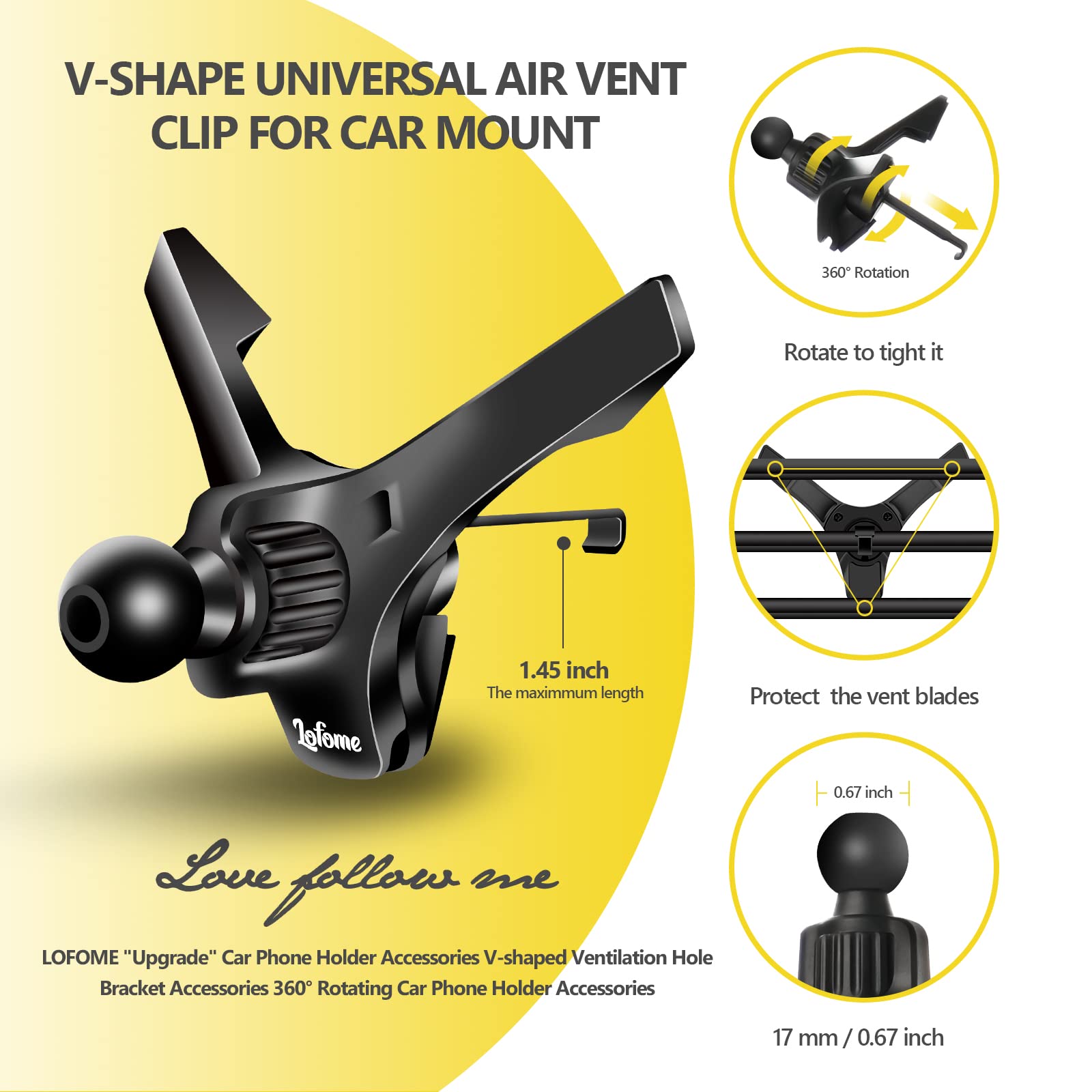 Lofome Universal Air Vent Clip For Car Mount,Sturdy Vent Grip For Most Car Phone Holder&Wireless Car Charger-Only Vent Clip For Replace/Upgrad(Compatible With Joint Ball Diameter 0.67 In/17Mm)