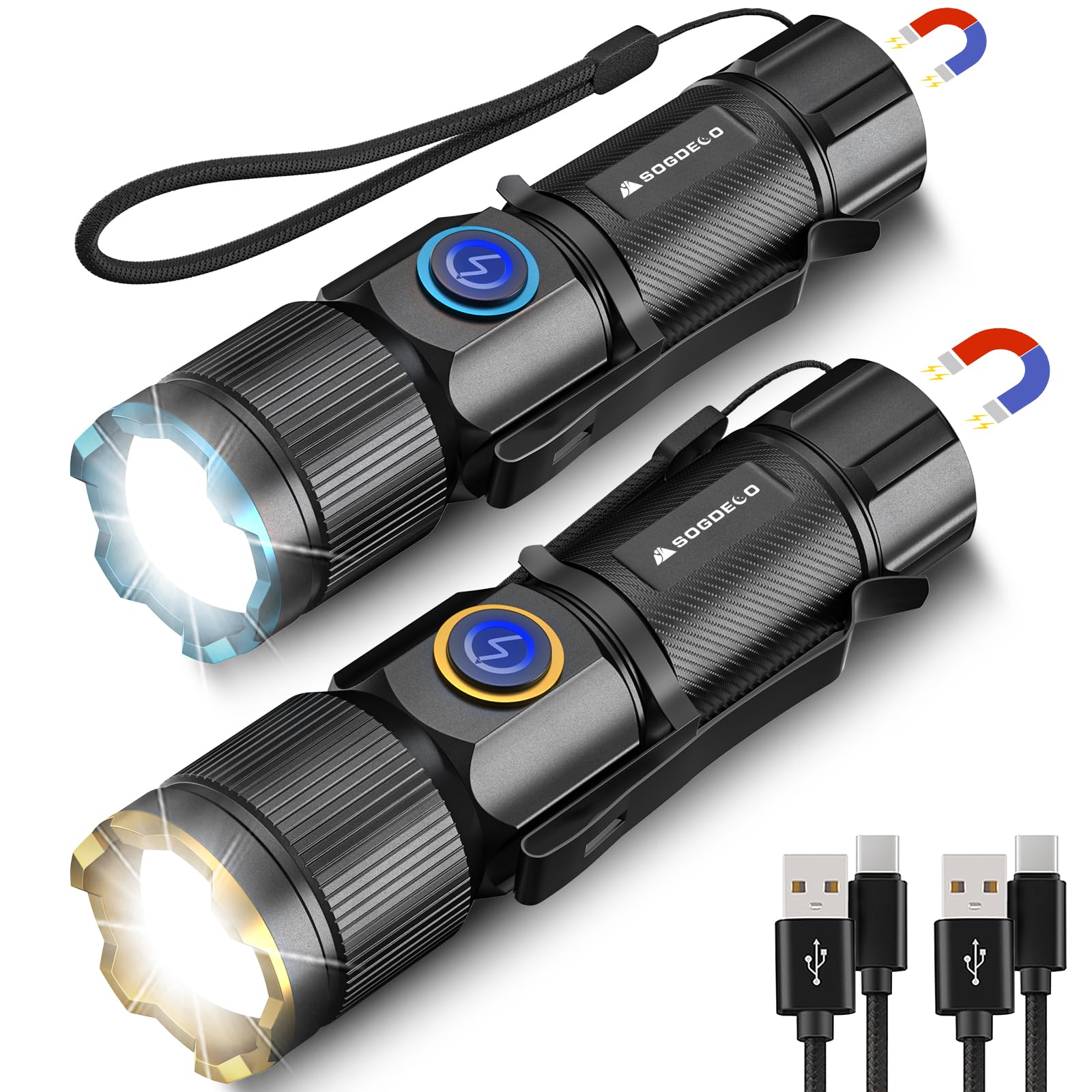 Sogdeco Rechargeable Flashlights High Lumens, Super Bright Small Led Flash Light, 26 Hours Long Lasting, 4 Lighting Modes, Magnetic Zoomable Pocket Flashlight For Emergencies Home Camping (2 Pack)