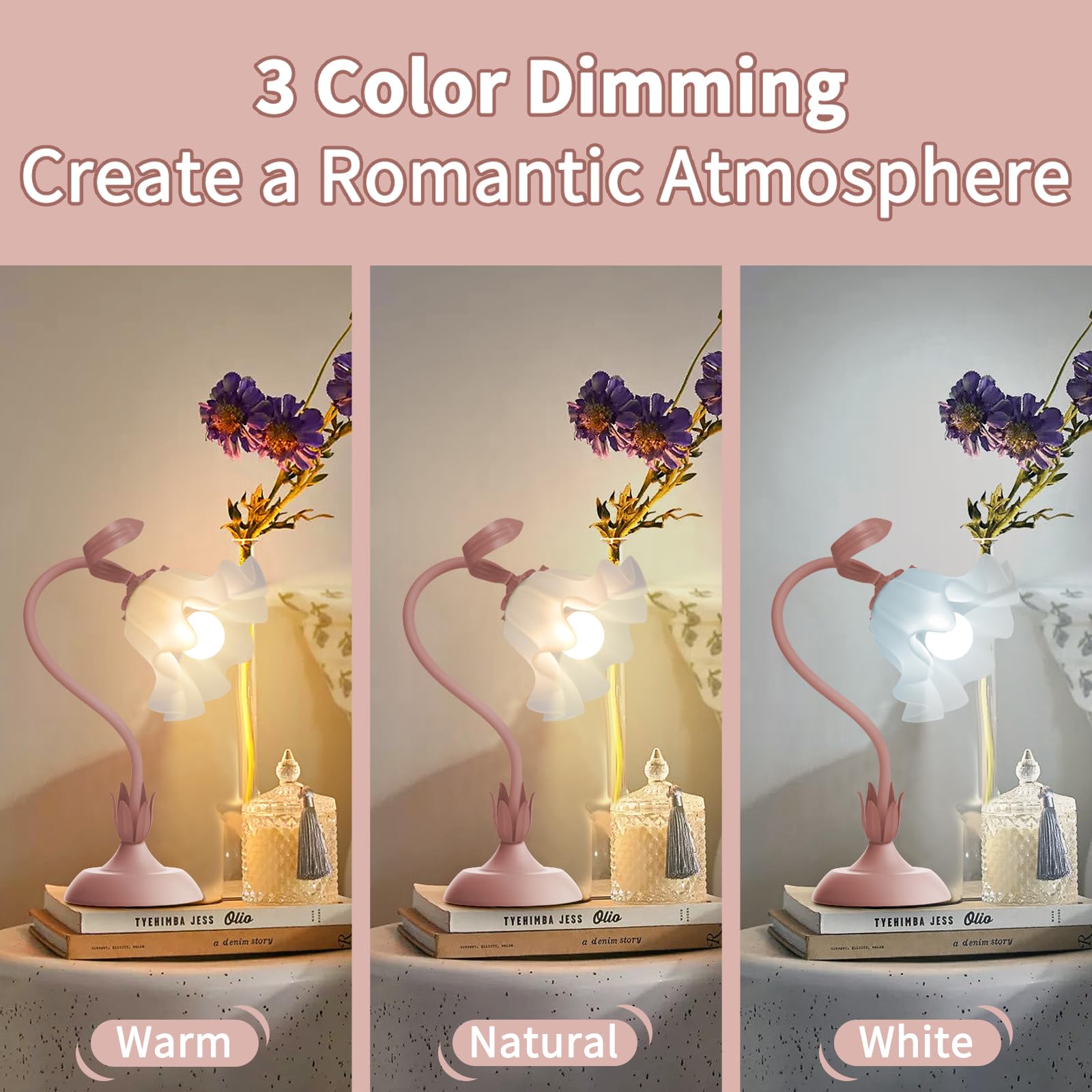 Larnix Women Bedside Table Lamps For Bedroom, Cute Flower Desk Lamp With Adjustable Flexible Gooseneck, 3 Color Temperatures Nightstand Lamp With E26 Led Bulbs, Floral Lamp For Living Room, Office,Reading