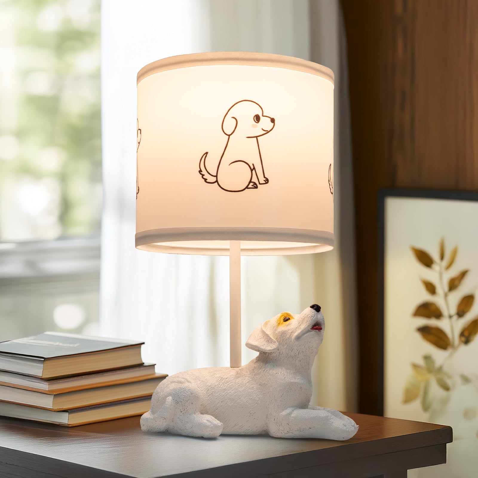 Velxee Table Lamp For Living Room, Farmhouse Bedside Resin Single Lamp With White Dog Lamp Shape For Bedroom Retro Rustic Nightstand Lamp