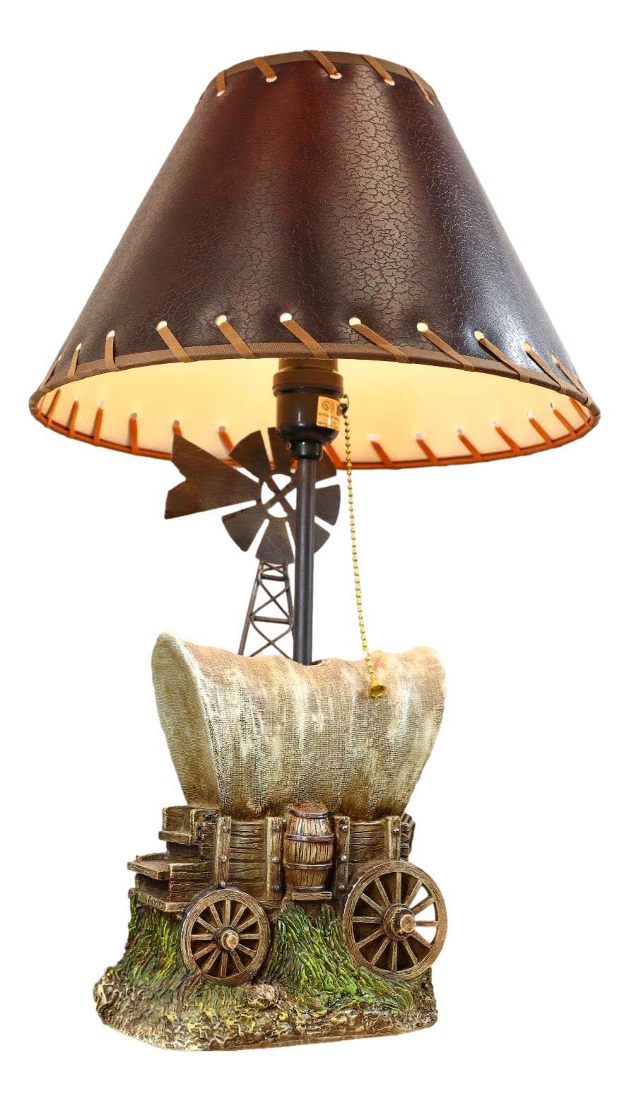 Ebros Gift Country Western Rustic Old Fashioned Covered Cargo Carriage Wagon Train With Farm Windmill Hand Painted Resin Desktop Table Lamp With Brown Faux Leather Laced Shade Home Decor Accent