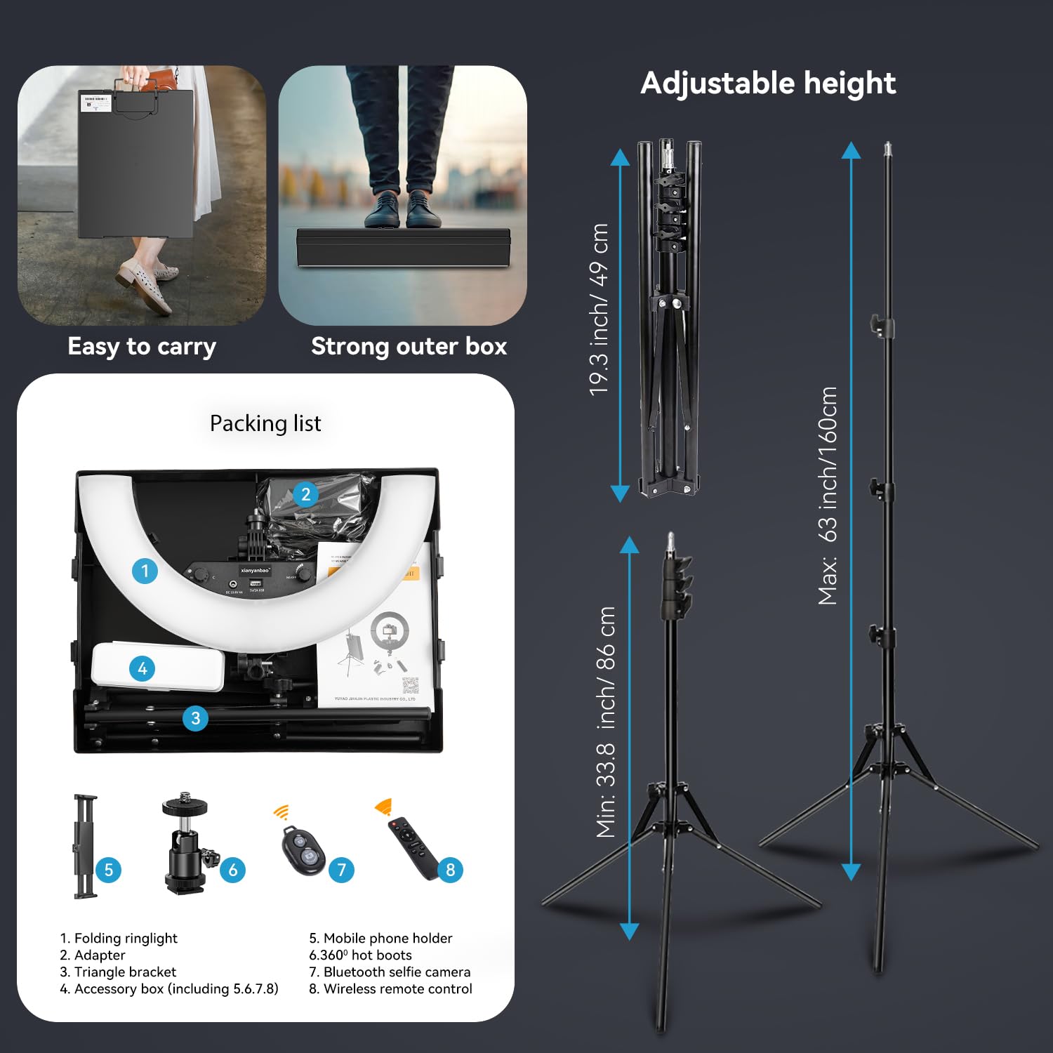 Xianyanbao 18 Inch Ring Light Kit, 55W6700K Dimmable Led Light, Tripod Stand, Remote Controller,Box,Cri95,Black