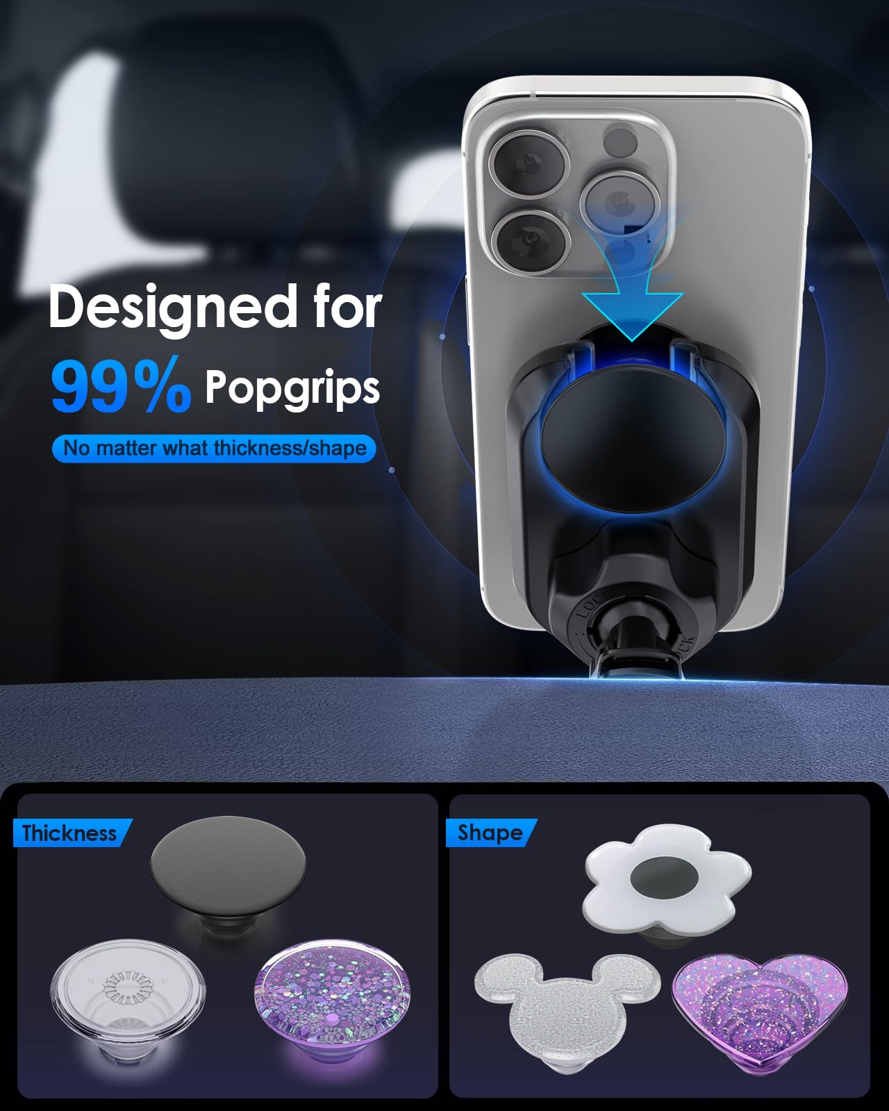 Pop-Tech Car Vent Phone Mount: Cell Phone Holder For Thicker Socket Grip & Iphone 16 15 Samsung Case Magsafe Card Holder, Universal Hook Clip Mount For Round/Horizontal/Vertical Air Vent (Black)