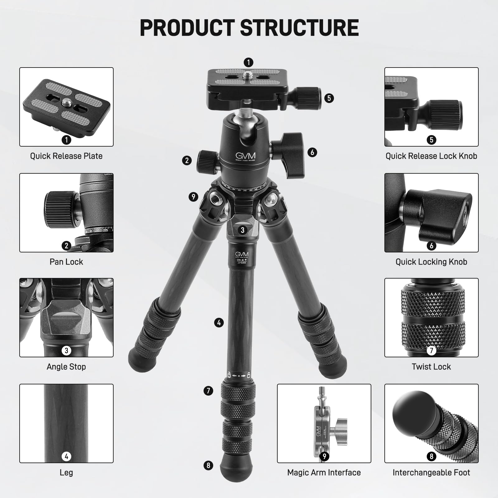 Gvm Great Video Maker Gvm Carbon Fiber Camera Tripod, Tripod For Camera And Phone, Heavy Duty Camera Tripod Stand With 360° Panorama Ball Head Quick Release Plate & Mobile Phone Clip For Max Load 15 Lb