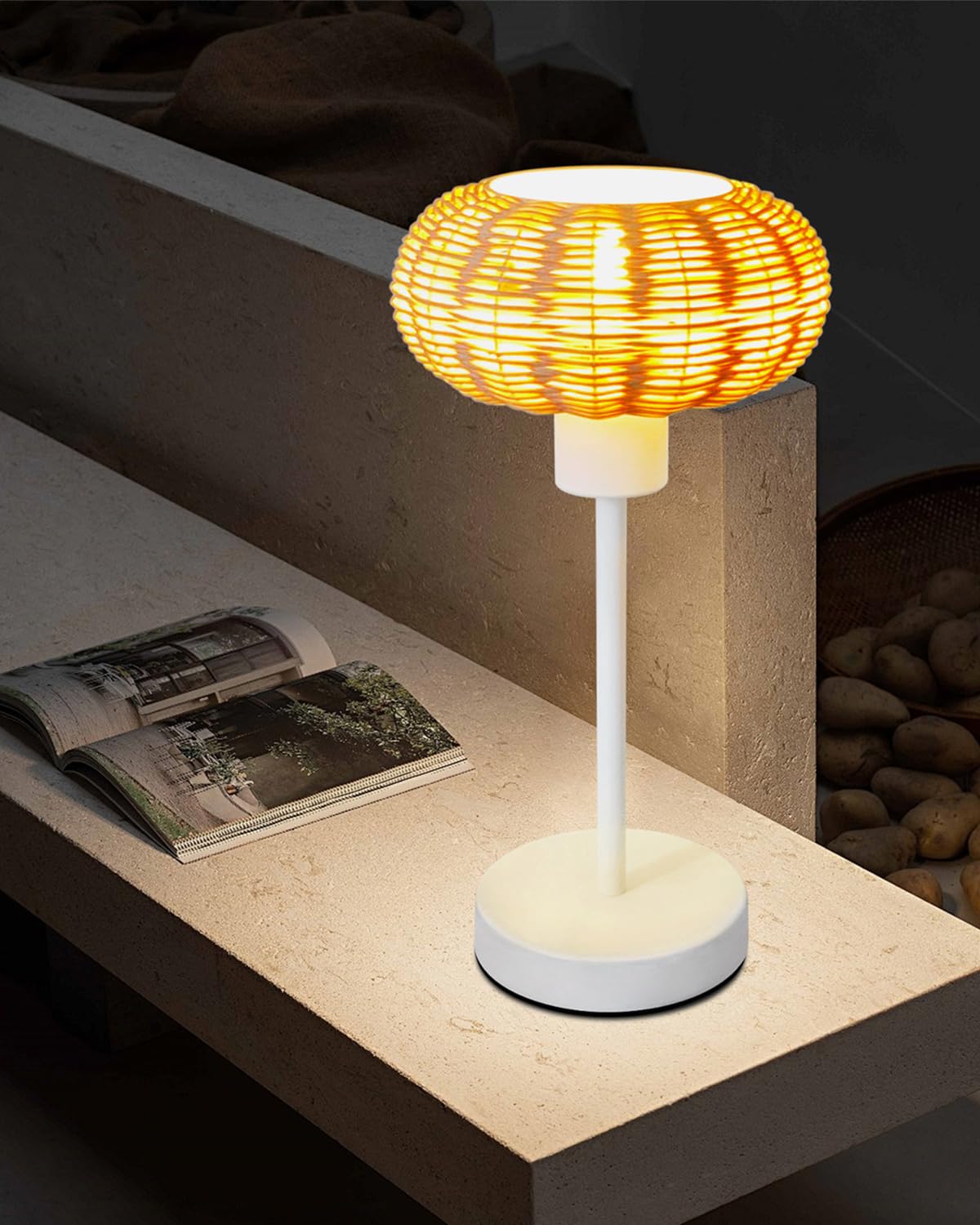 Techstarry Rattan Table Lamp Bamboo Woven Bedside Lamp Wooden Nightstand Light Lamp Desk Lamps For Reading, Yoga, Kids, Living Room, Office