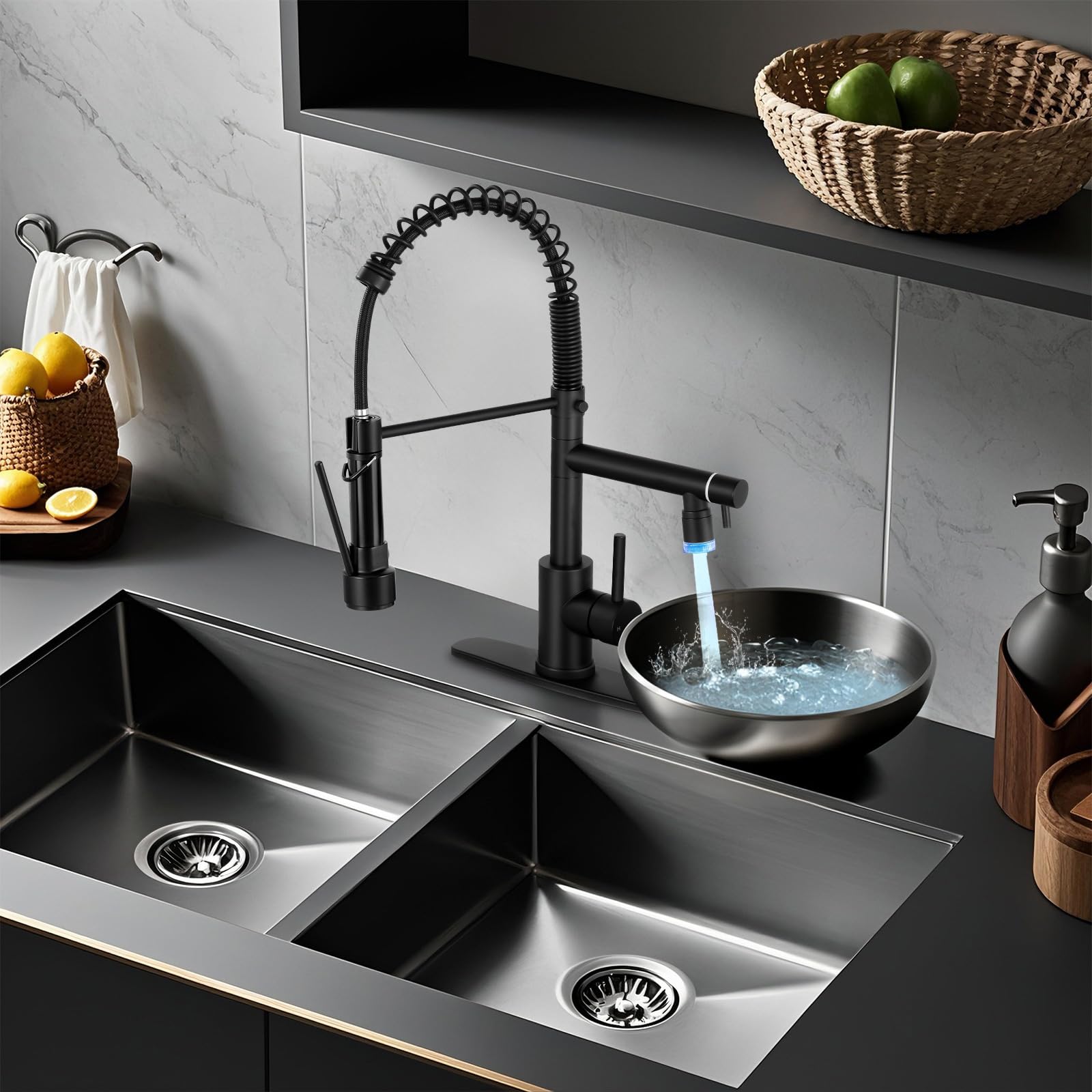 Fgkq Led Kitchen Faucets With Pull Down Sprayer,Kitchen Faucet Single Handle, Commercial Double-Head Faucet For Kitchen Sink Stainless Steel, Kitchen Sink Faucet With Deck Plate, Black